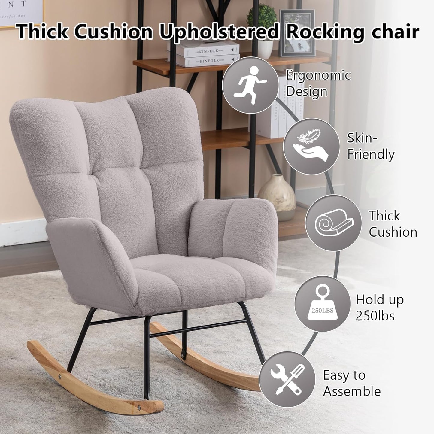 NIOIIKIT Nursery Rocking Chair Velvet Upholstered Glider Rocker Rocking Accent Chair Padded Seat with High Backrest Armchair Comfy Side Chair for Living Room Bedroom Offices (Light Gray)