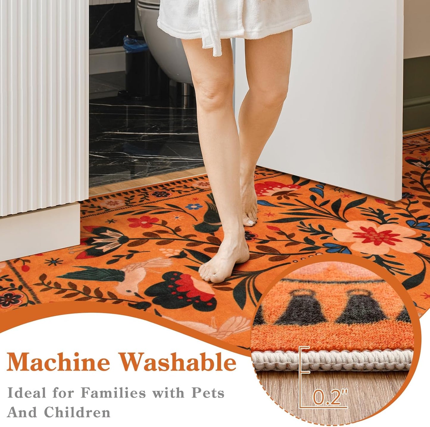 Moynesa Washable Area Rugs 5x7, Ultra Thin Soft Rugs for Living Room Bedroom Non Slip, Indoor Boho Bird Patterned Orange Floral Throw Carpet for Playroom Office Kitchen Stain Resistance