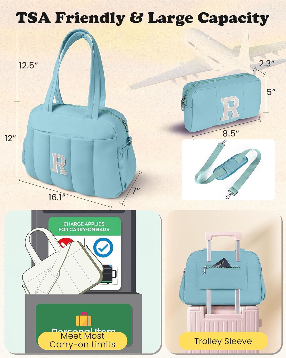 Duffle Bag, Weekender Bags for Girl,Holiday Gifts-Initial Overnight Bag with Wet Pocket,Lightweight Dance Bags Personalized Gymnastics bag with Makeup Pouch