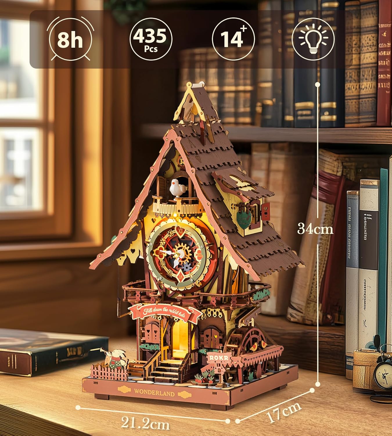 ROKR Cuckoo Clock Mechanical 3D Wooden Puzzle Kit for Adults, DIY Wooden Clock Model Building Set, Unique Home Decor Gift for Women Men