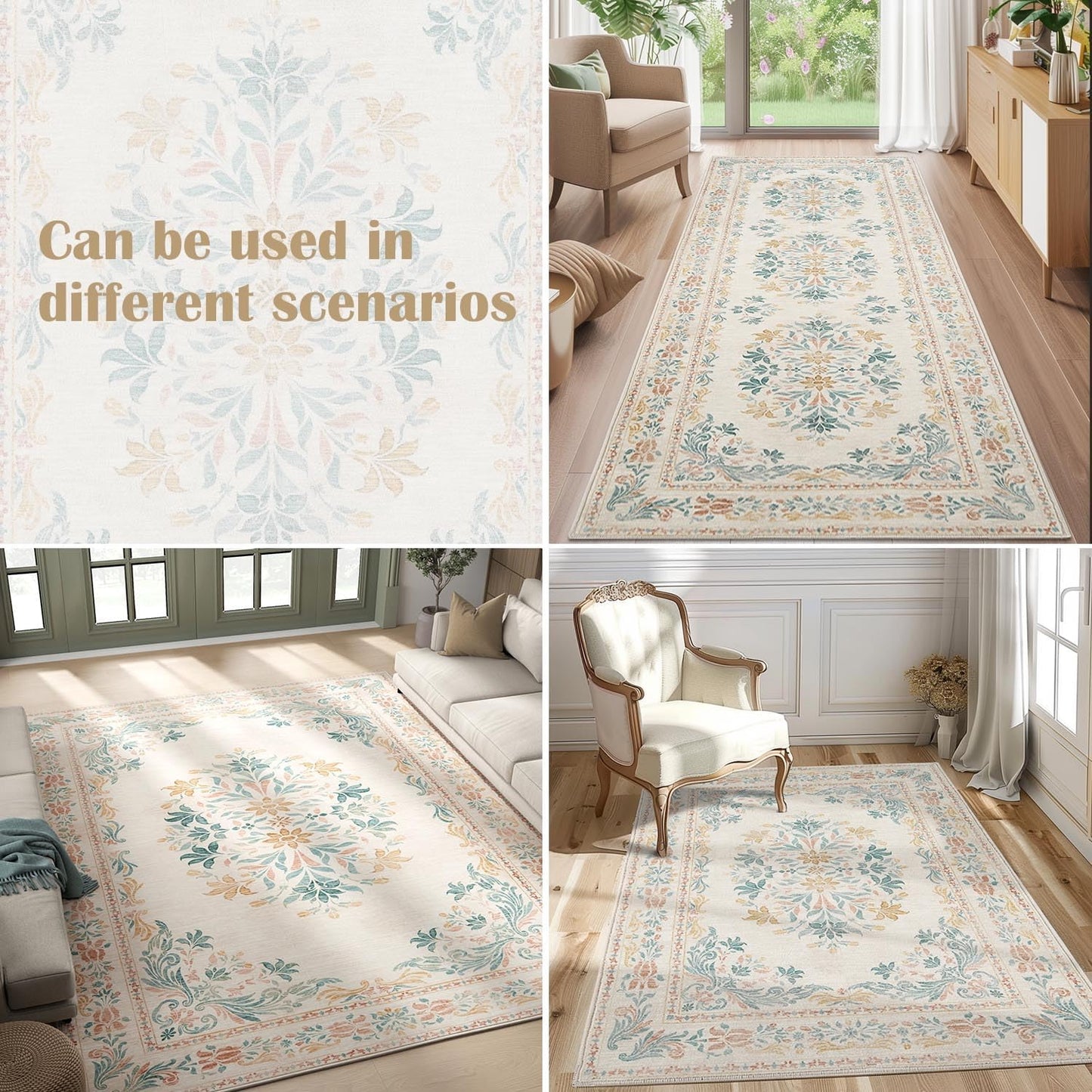 jinchan Vintage Floral Runner Rug 2x5 - Machine Washable Distressed Design Non-Slip Low-Pile Soft Thin Carpet for Hallway Kitchen Farmhouse Bedroom Entryway Laundry Room (2x5ft,Apricot Multi)