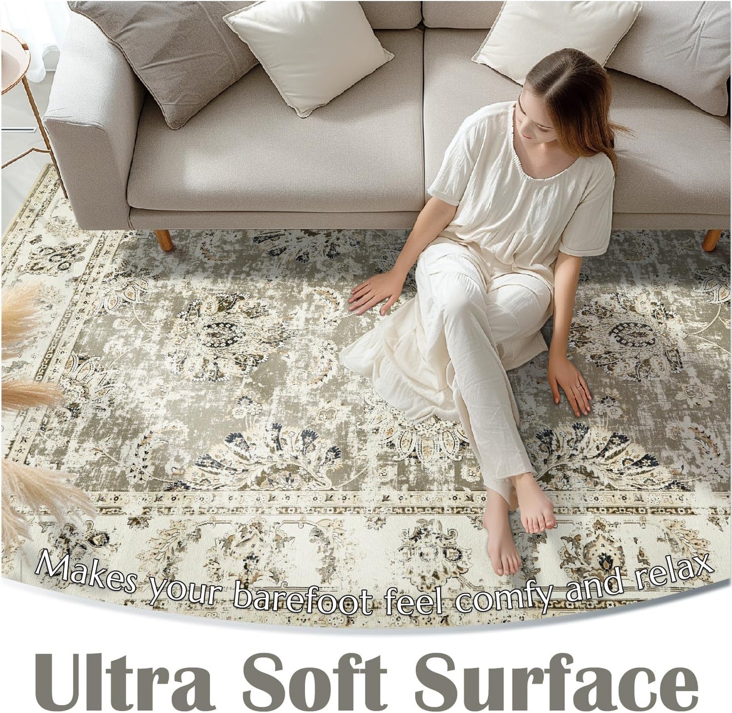 jinchan Hallway Runner Rug 3x8 Washable Runner - Vintage Floral Non Slip Low-Pile Soft Thin Faux Wool Kitchen Rug Distressed Carpet for Farmhouse Bedroom Laundry Room(3x8ft,Taupe)