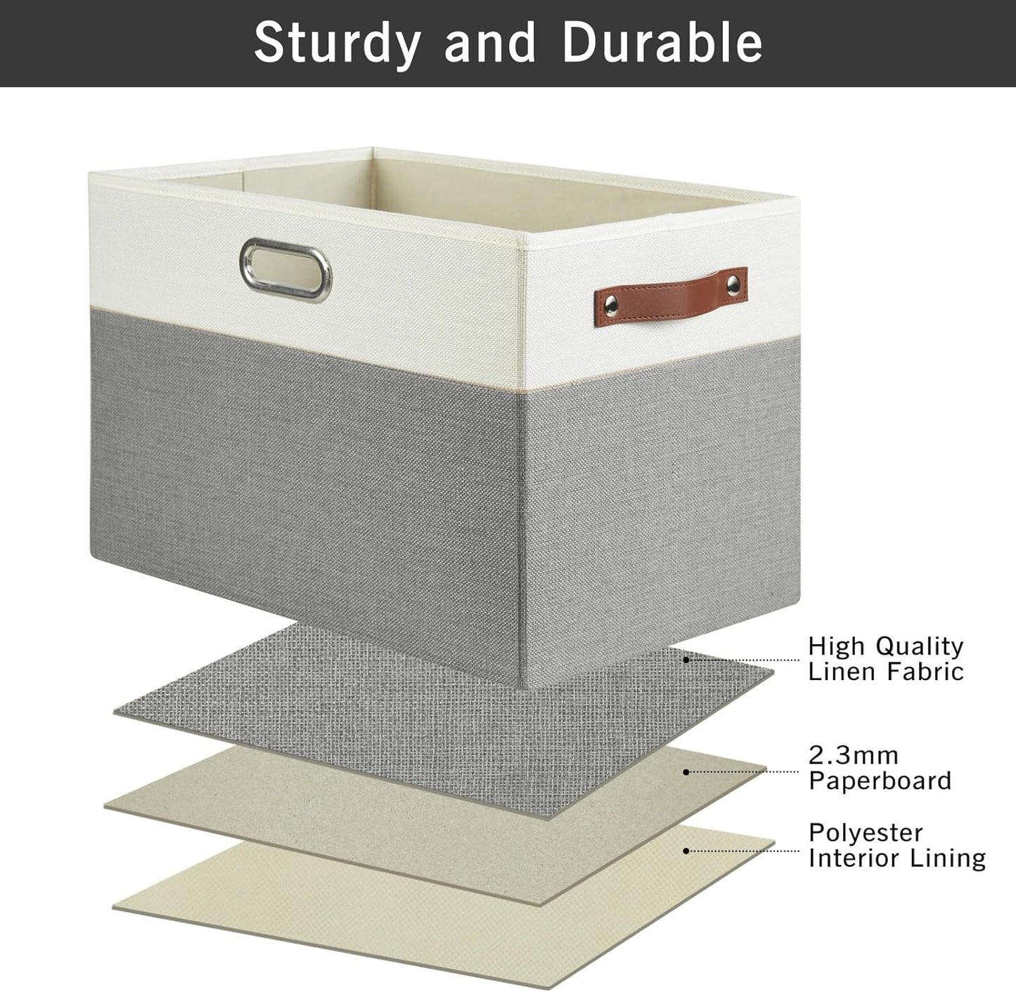 Large Collapsible Fabric Storage Bins with 3 Handles, Foldable Organizer Baskets for Closet, Shelves, Living Room | 3 Pack, Durable PU & Metal Handles (17"x11.8"x11.8", Gray & White)