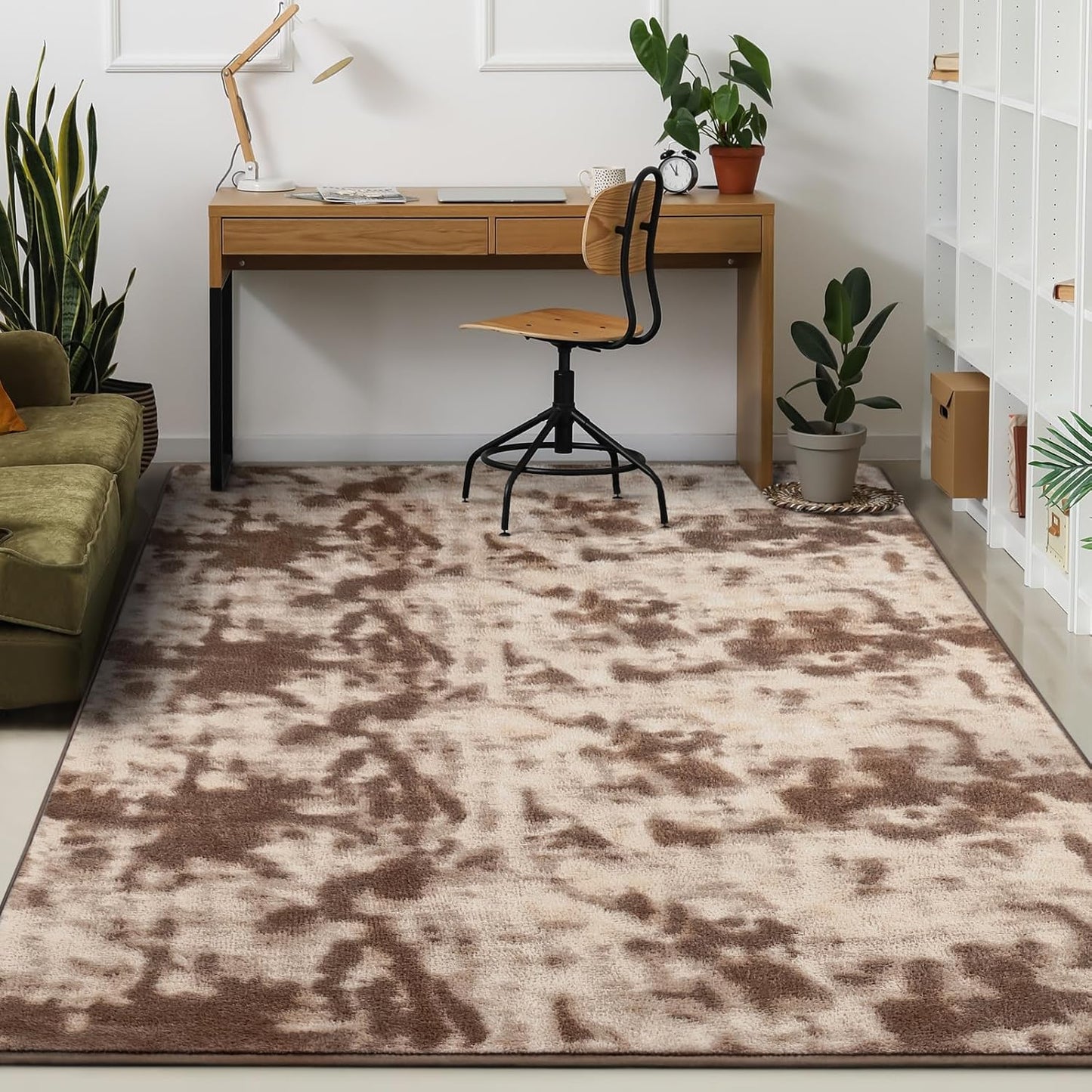 Kimicole 7x10 Washable Area Rugs for Living Room Bedroom, Large Low Pile Ulta-Thin Solid Color Rug, Non-Slip Soft Fluffy Carpet for Nursery Kids Room Dorm Room Home Decor (Brown)