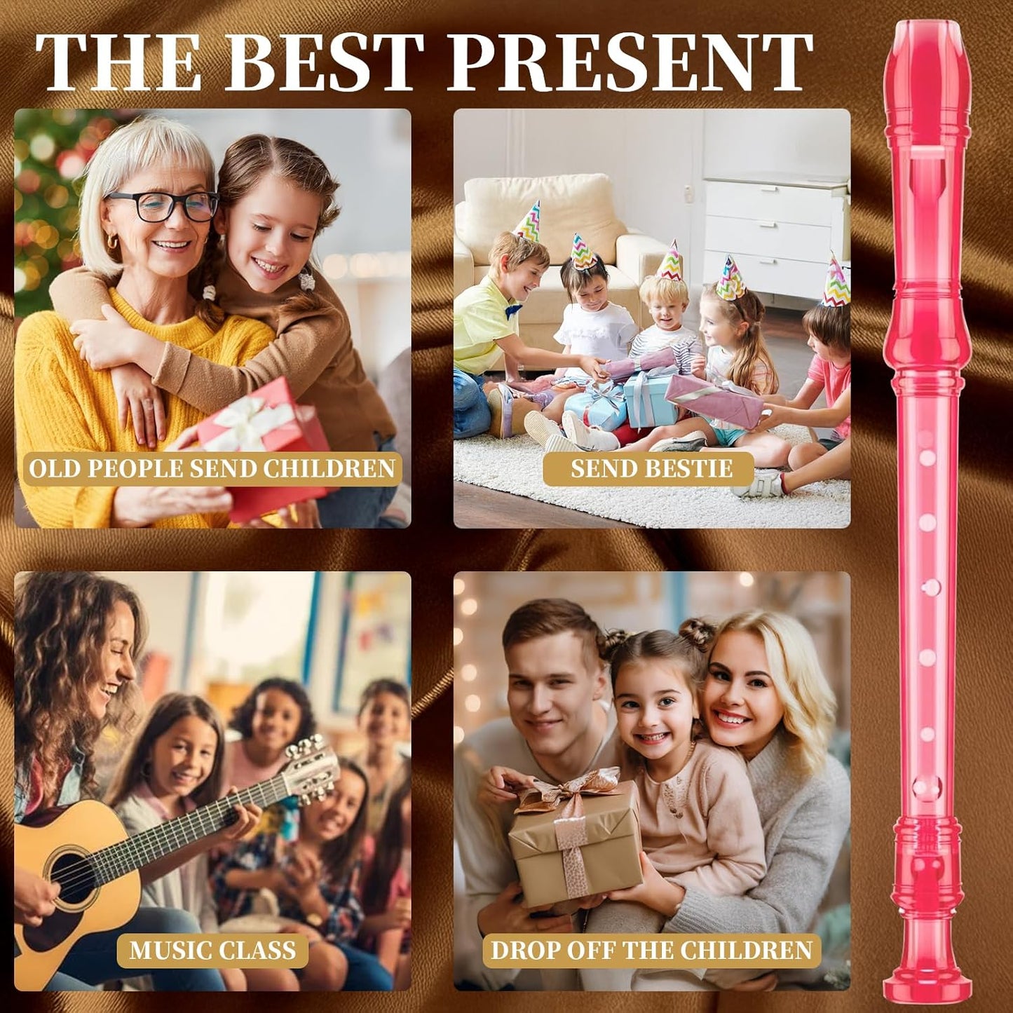 Soprano Recorder Instrument for Kids Beginners Student German Fingering C Key Recorder Instrument 3 Piece with Cleaning Rod and Bag Fingering Chart(Crystal Pink)