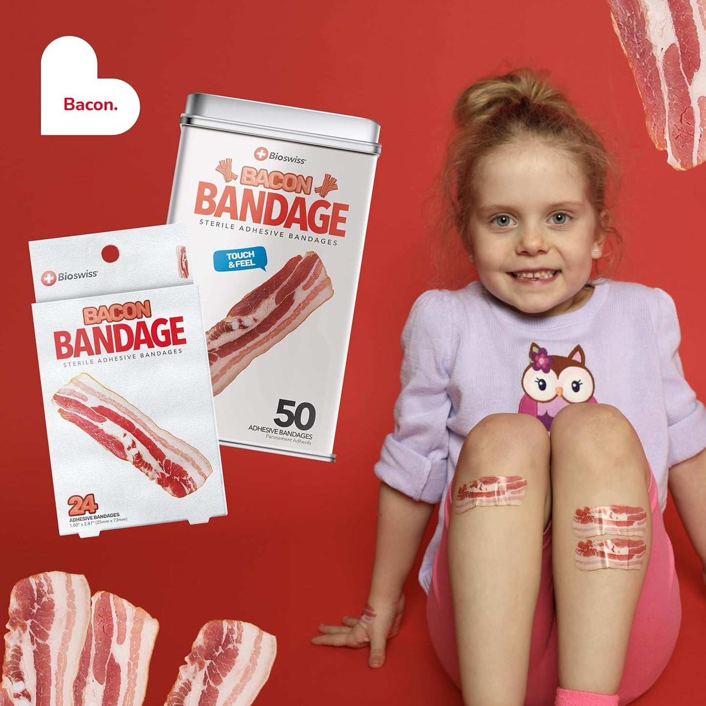 BioSwiss Bandages, Bacon Shaped Self Adhesive Bandage, Latex Free Sterile Wound Care, Fun First Aid Kit Supplies for Kids, 24 Count