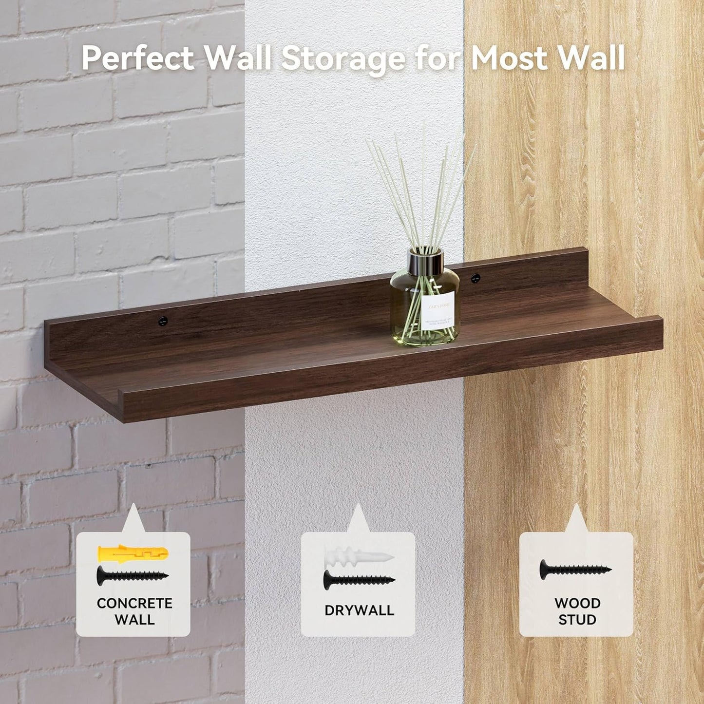 47.2 Inches Long Floating Shelves, 2 Set Farmhouse Wall Shelf for Bedroom, Nursery Book Shelf with Lip, Picture Ledge Shelf for Living Room, Bathroom, Kitchen - Walnut