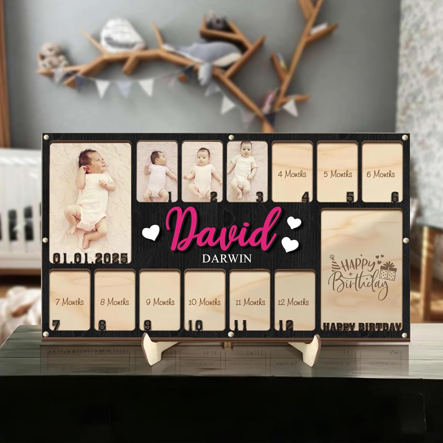 Personalized My First Year Photo Frame | 12 Months Picture Frame For Baby First Year | Displays Two 4x6 Photo and Twelve 2x3 Pictures | Birthday Party Decor Newborn Memory Keepsake, Style MP5