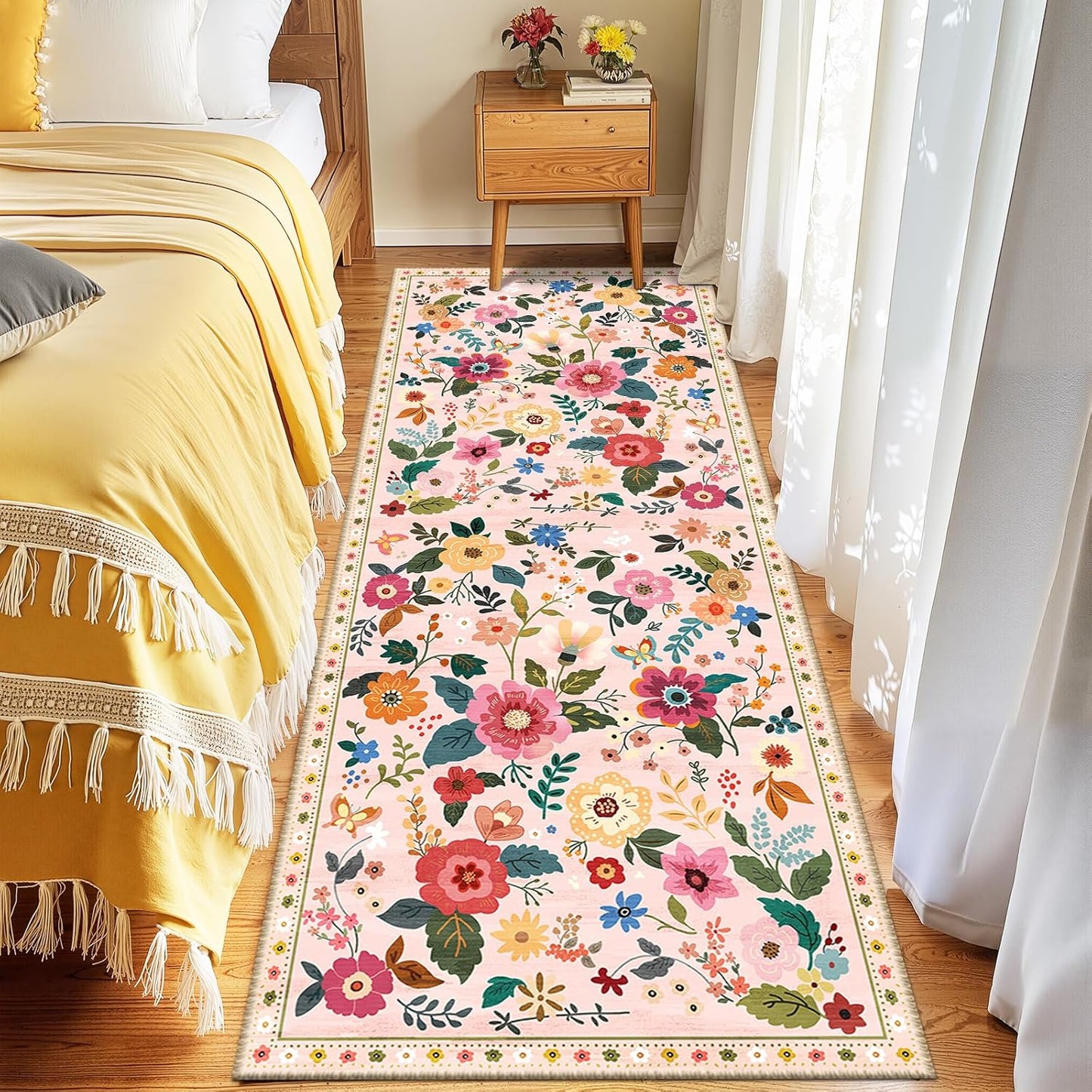 Floral 2x10 Area Rug Machine Washable Soft Print Boho Carpet Non Slip Doormat Low Pile Flower Area Rugs for Living Room Bedroom Nursery Kitchen Dining Room Indoor-Pink