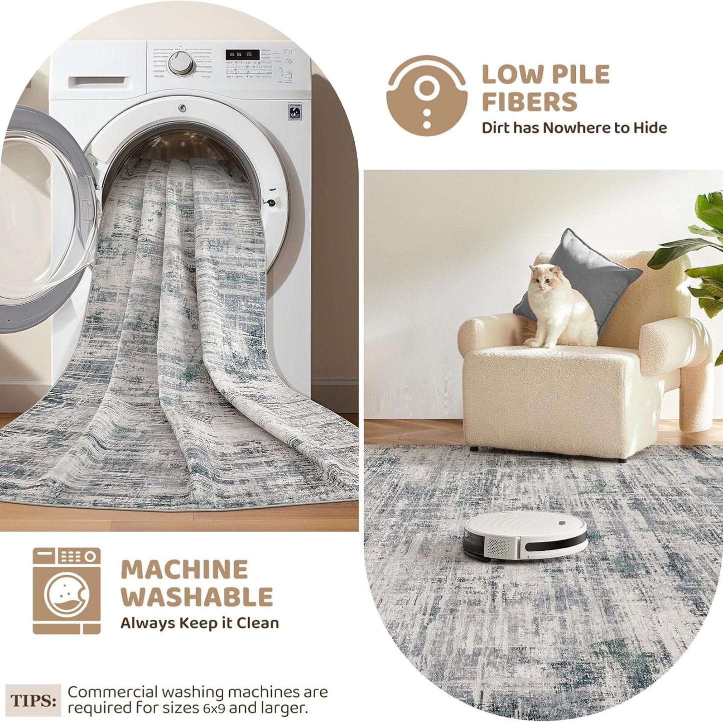 Area Rug for Living Room: 12x15 Washable Neutral Abstract Modern Soft Rugs Non Slip Indoor Floor Stain Resistant Large Carpet for Bedroom Dining Room Office Nursery - Gray