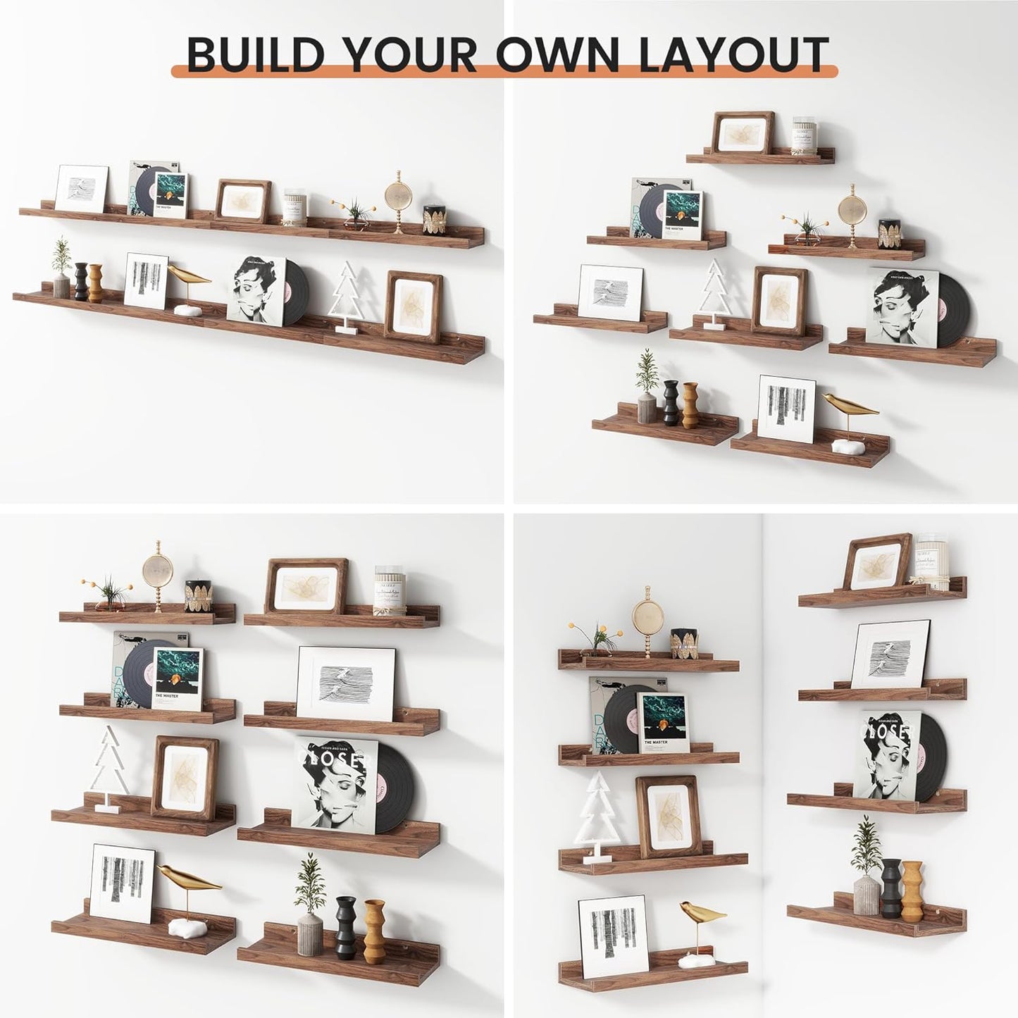 Floating Picture Ledge Shelves for Wall Set of 8, 16 Inch Wall Shelves with Lip Long Large Nursery Book Shelf for Toys Storage Kids Bookshelf Wall Mounted Living Room Bedroom Decor Frames