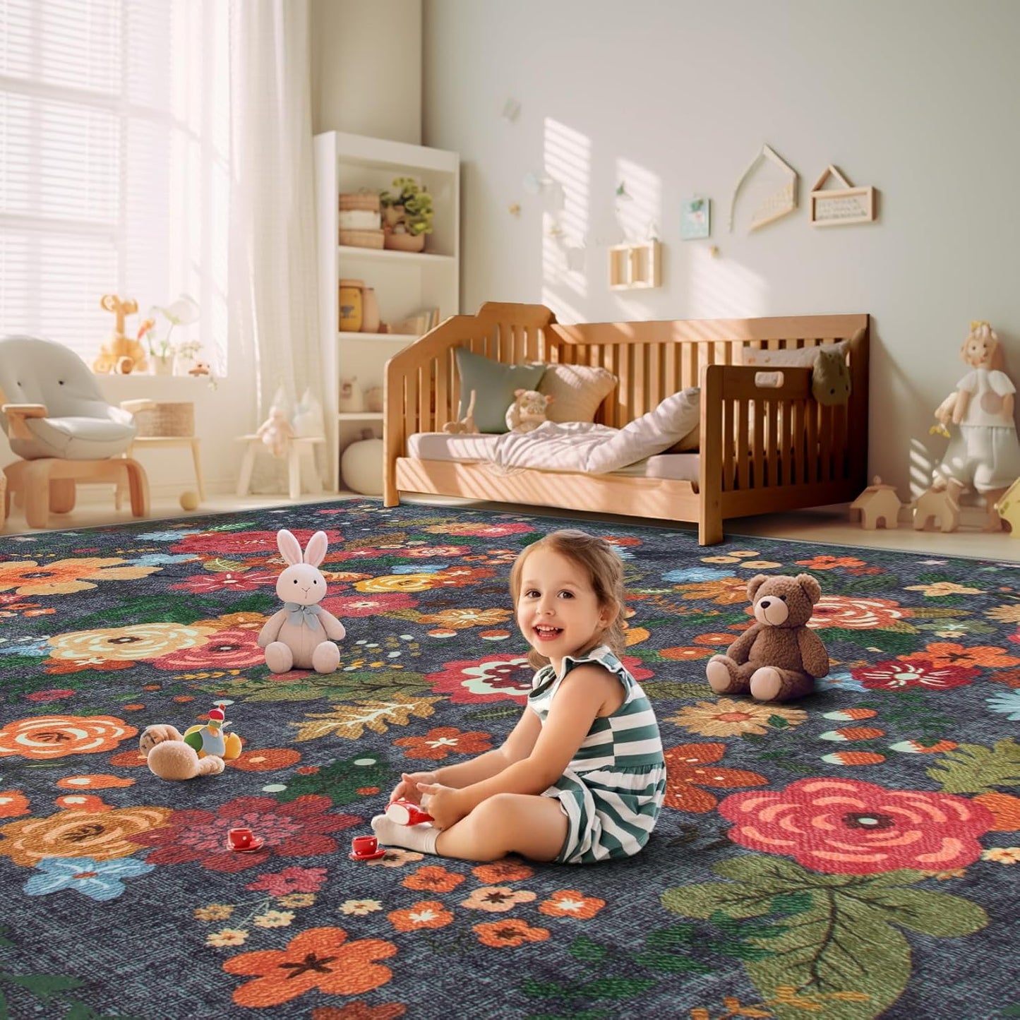 8x10 Area Rug for Living Room: Vintage Floral Washable Rug Soft Boho Non Slip Carpet Large Indoor Floor Non Shedding Low Pile Thin Carpets for Bedroom Dining Room Farmhouse Nursery Home Office Black