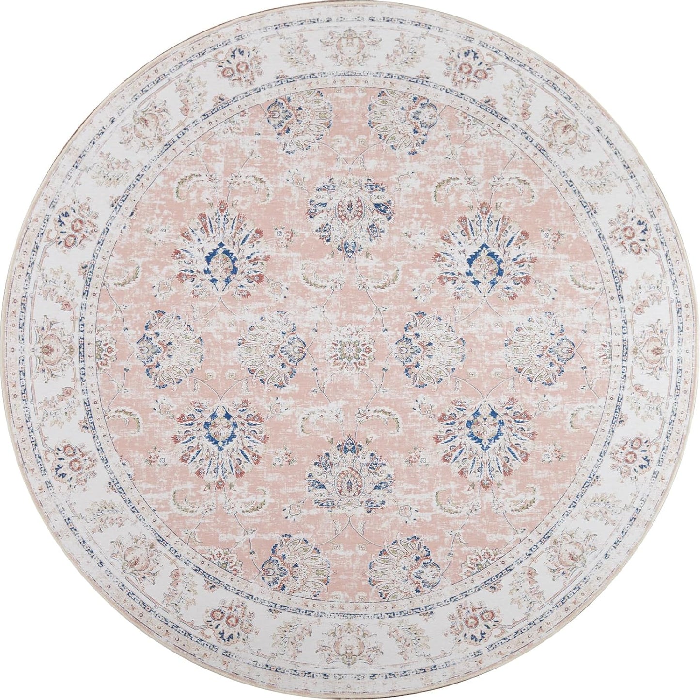 jinchan Round Rug 4ft Area Rugs Vintage Floral Distressed Design - Machine Washable Non-Slip Low-Pile Ultra-Thin Circle Rug for Entryway Bedside Living Room Dining Room Bedroom (4' Round,Pink)