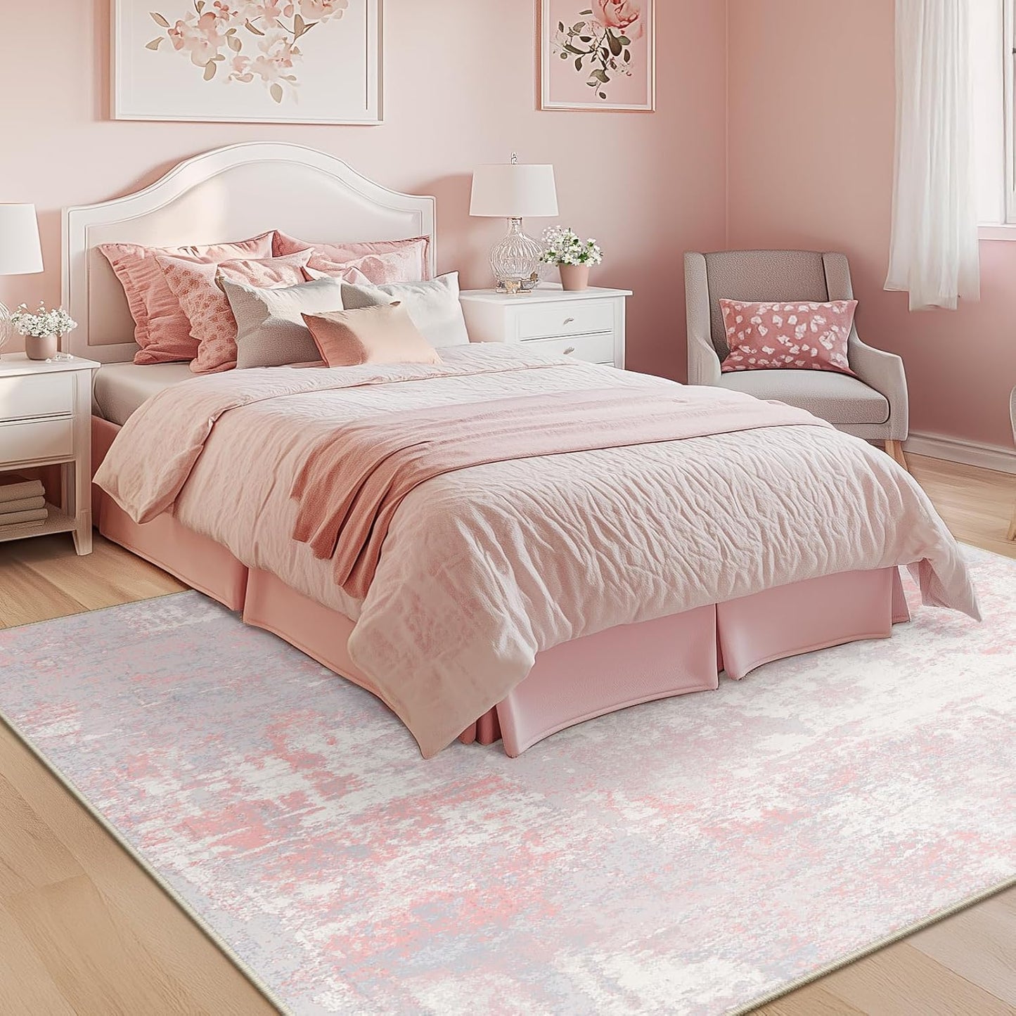 Washable Area Rugs 2'x3' Non-Slip Modern Abstract Soft for Living Room Entryway Bedroom Nursery, Print Pattern, Grey Pink