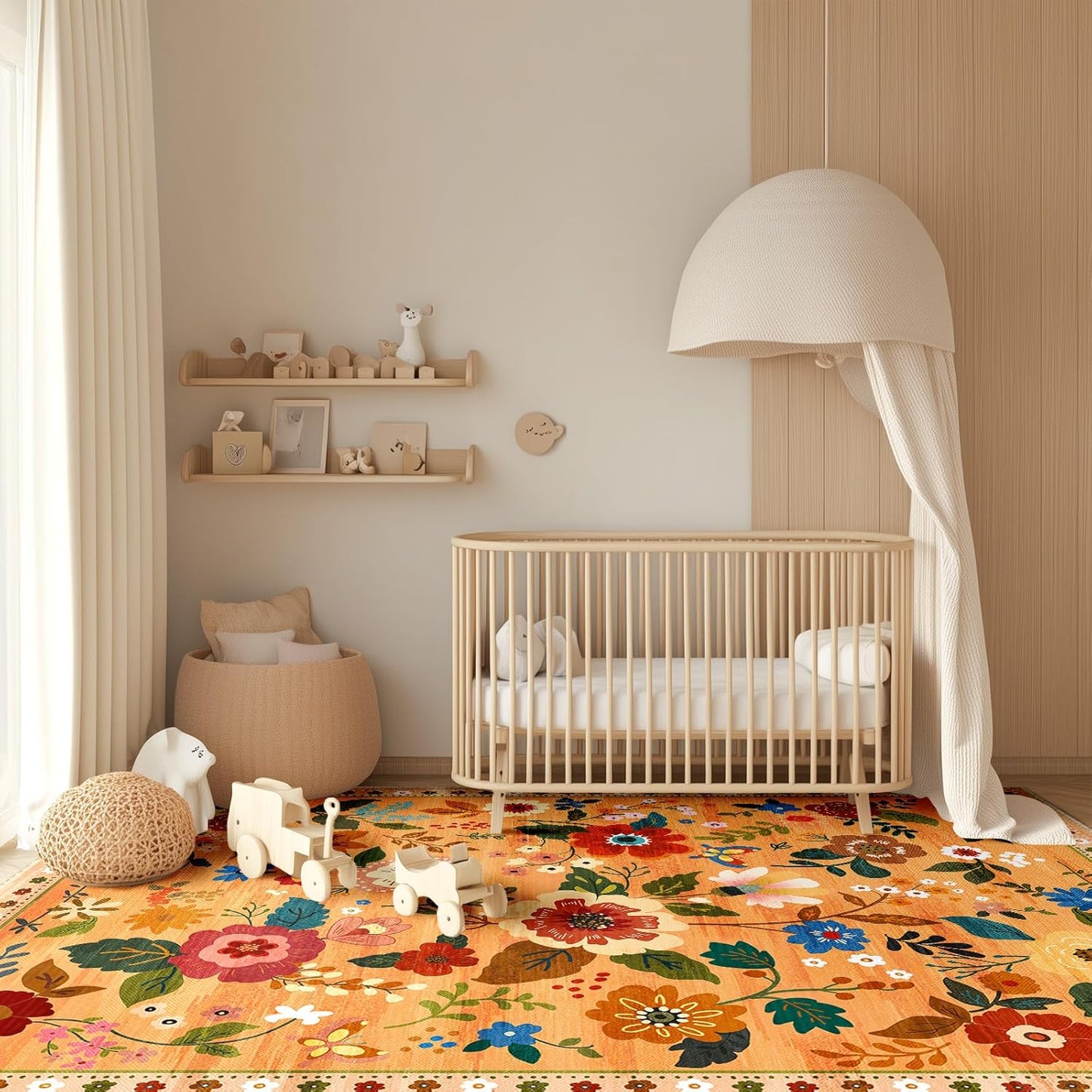 Floral 9x12 Area Rug Machine Washable Soft Print Boho Carpet Non Slip Doormat Low Pile Flower Area Rugs for Living Room Bedroom Nursery Kitchen Dining Room Indoor-Yellow/Orange