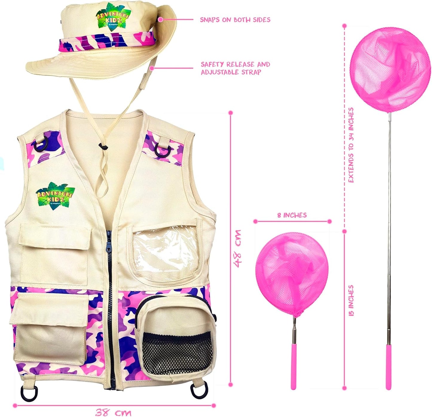 Bug Hunting Kit, Pink Safari Vest, Hat, Binoculars, Lg. Butterfly Net, Bug Container, Whistle, Flashlight, Magnifier, Thermostat, Compass, Age 3+