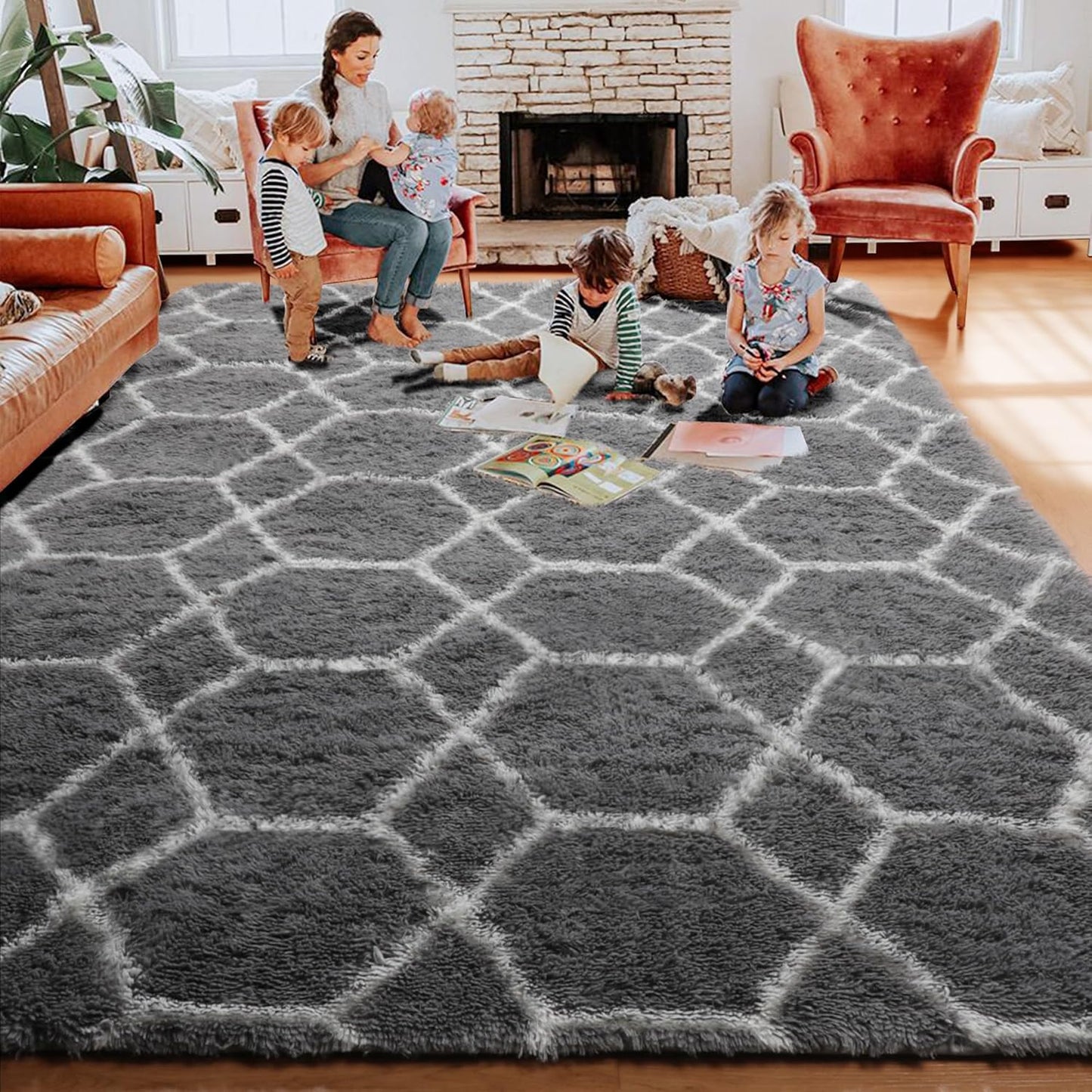 ONASAR Area Rugs for Living Room Bedroom, 5x8 Washable Fluffy Grey and White Rug, Geometric Boho Soft Plush Shaggy Fuzzy Floor Carpet for Nursery Kids Girls Boys Teen Dorm Home Decor Aesthetic