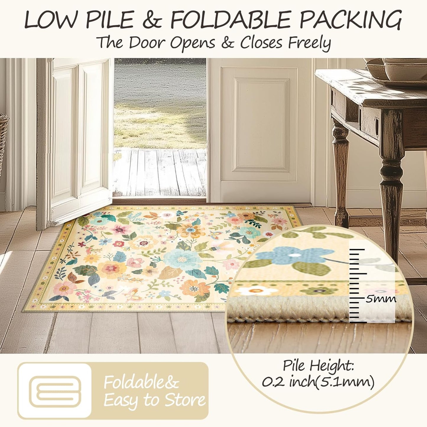 Floral 2x6 Area Rug Machine Washable Soft Print Boho Carpet Non Slip Doormat Low Pile Flower Area Rugs for Living Room Bedroom Nursery Kitchen Dining Room Indoor-Ivory/Yellow