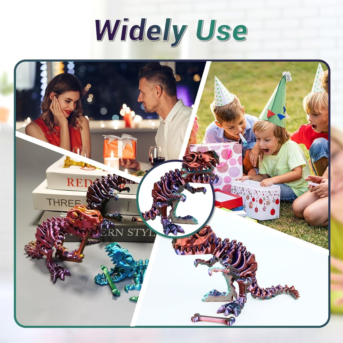 3D Printed Dinosaur Bone Skeleton Tyrannosaurus Rex with Movable Jaw Fidget Dinosaur Toys Full Articulated Dinosaur Executive Desk Toys Home Office Decor, Green Mix Purple