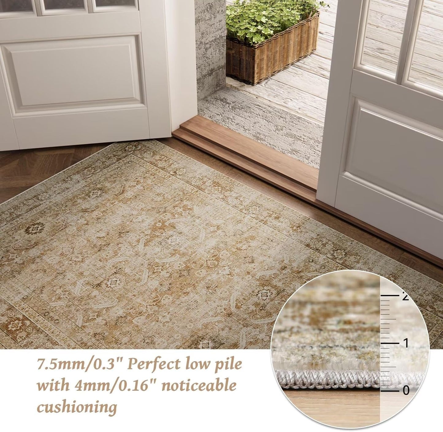 Washable 9x12 Area Rugs for Living Room, Boho Non-Slip Silicone Backing Rugs for Bedroom Dining Room Nursery Office, 0.3" Neutral Oriental Throw Carpet with 0.16" Cushioning Pad, Brown/Multi