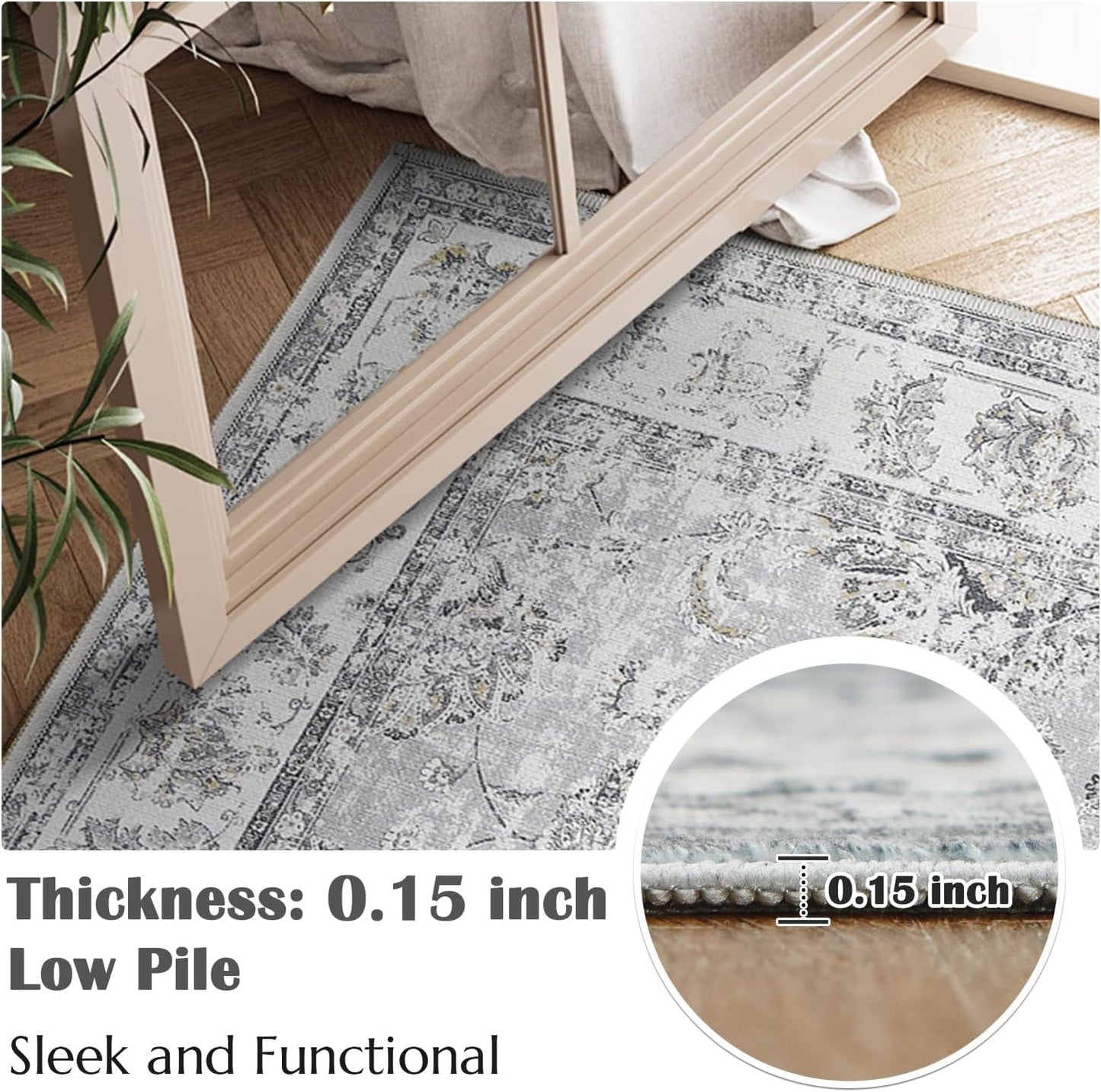 jinchan Vintage Floral 5x7 Area Rugs for Bedroom - Machine Washable Distressed Design Stain Resistant Boho Carpet Ultra-Thin Low Pile Non-Slip Rug for Living Room Dining Room Kitchen (5‘x7',Grey)
