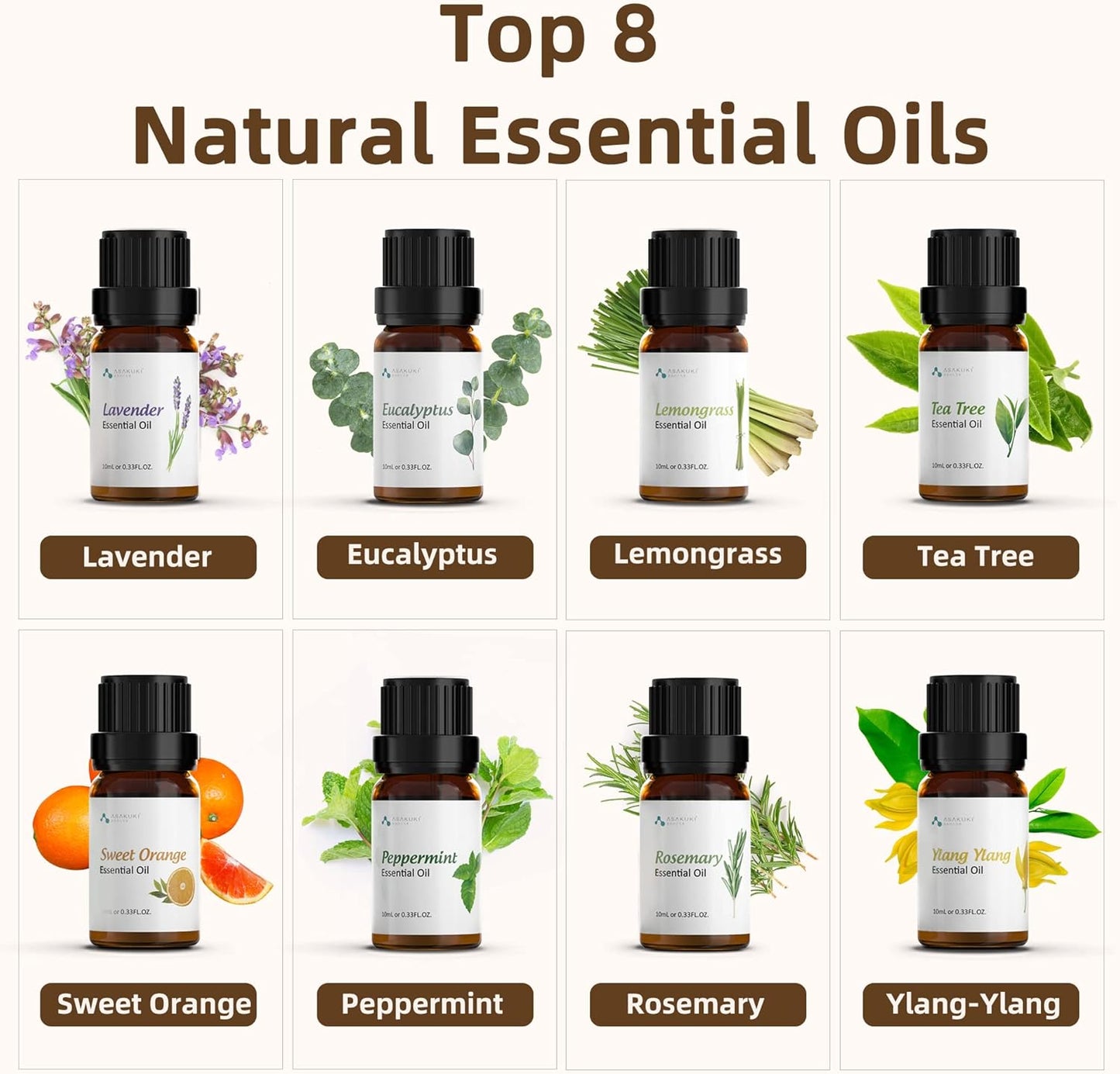 ASAKUKI Essential Oil Diffuser, Aromatherapy Cool Mist Home Humidifier with 7 LED Color Changing Light and Auto-Off Safety Switch, 8 Essential Oils Set, 300ml (Brown with Oils)