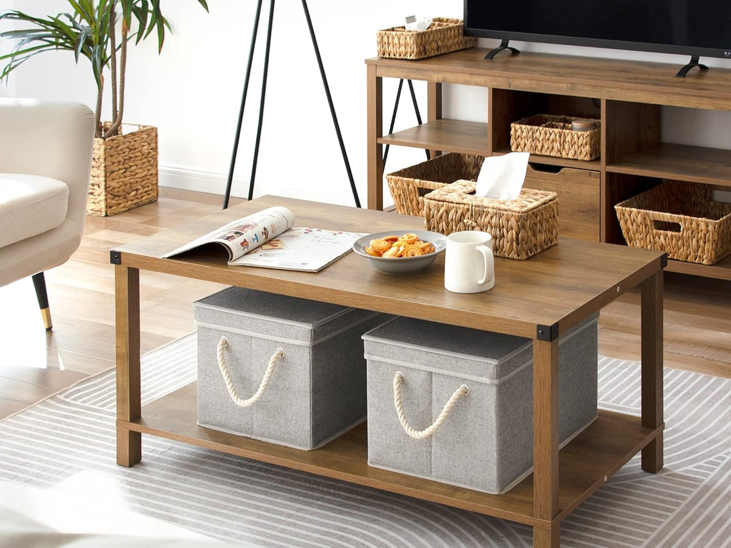 StorageWorks Storage Bins with Lids, Decorative Storage Boxes with Lid and Soft Rope Handles, Foldable Storage Baskets for Closet, Shelves, Stackable, Gray, Jumbo, 3-Pack