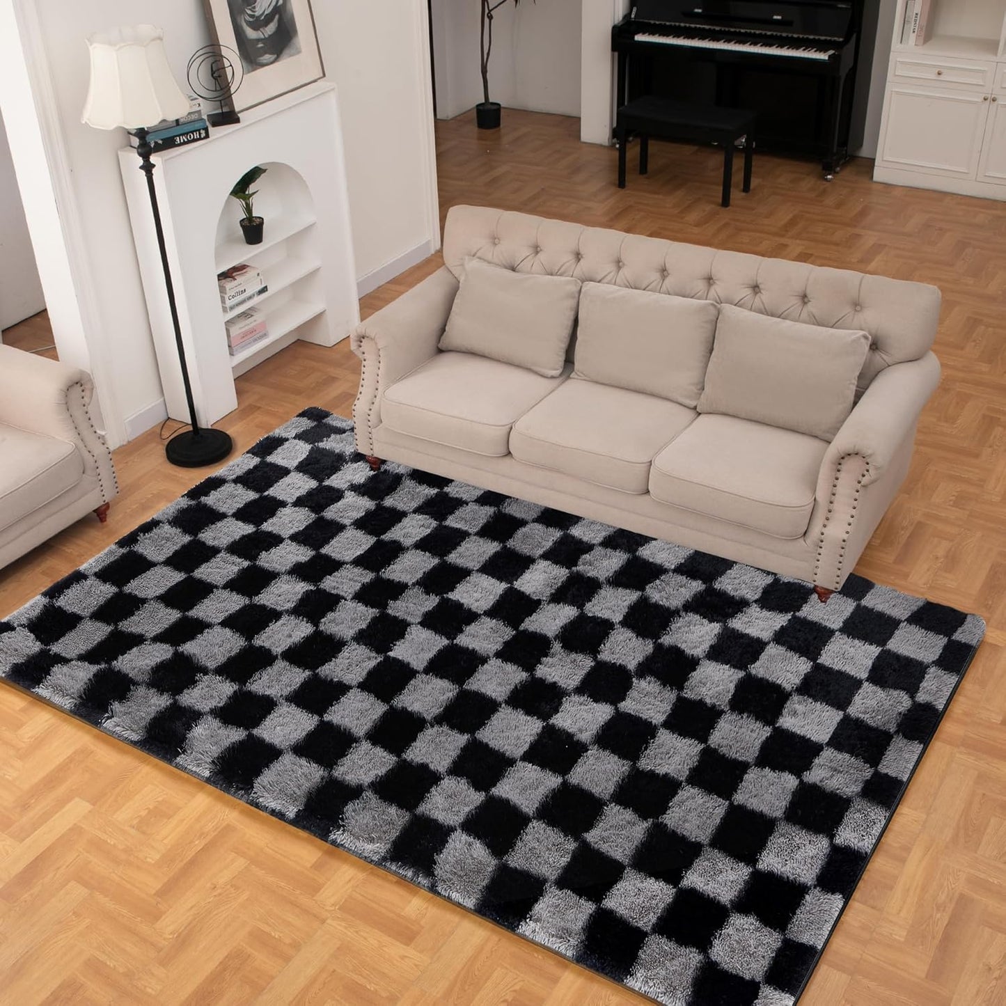 Super Soft Rug for Bedroom, 3x5 Ft Grey and Black Area Rug Classic Checkered Shaggy Rug Anti-Skid High Pile Soft Fluffy Fuzzy Carpet for Living Room Bedroom Kids Room Nursery, Dorm Home Decor
