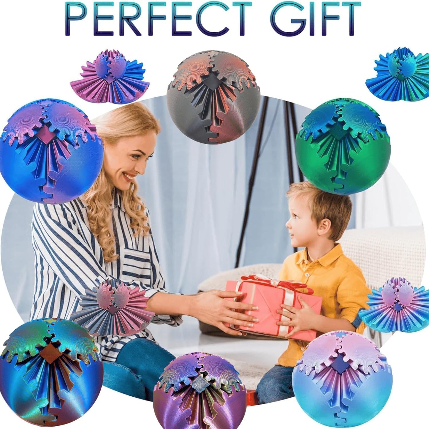 Gear Ball, 4.2in 3D Printed Gear Ball Spin Ball Cube Fidget Toys, Gear Sphere, Gear Ball Fidget Toy, Stress Ball, GearSphere Desk Toy, Fidget Balls, Gear Toy for Anxiety Relaxing (Laser Purple Blue)