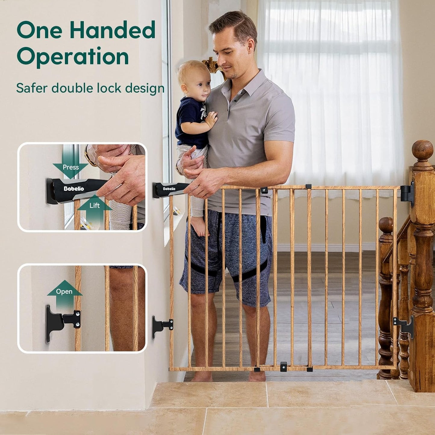 Babelio 34" Extra Tall Baby/Dog Gate with No Threshold Design Walk Thru Door, 26-43" Auto Close Safety Gate for Babies, Elders and Pets, Fits Doorways, Stairs, and Entryways, Brown Wood Pattern