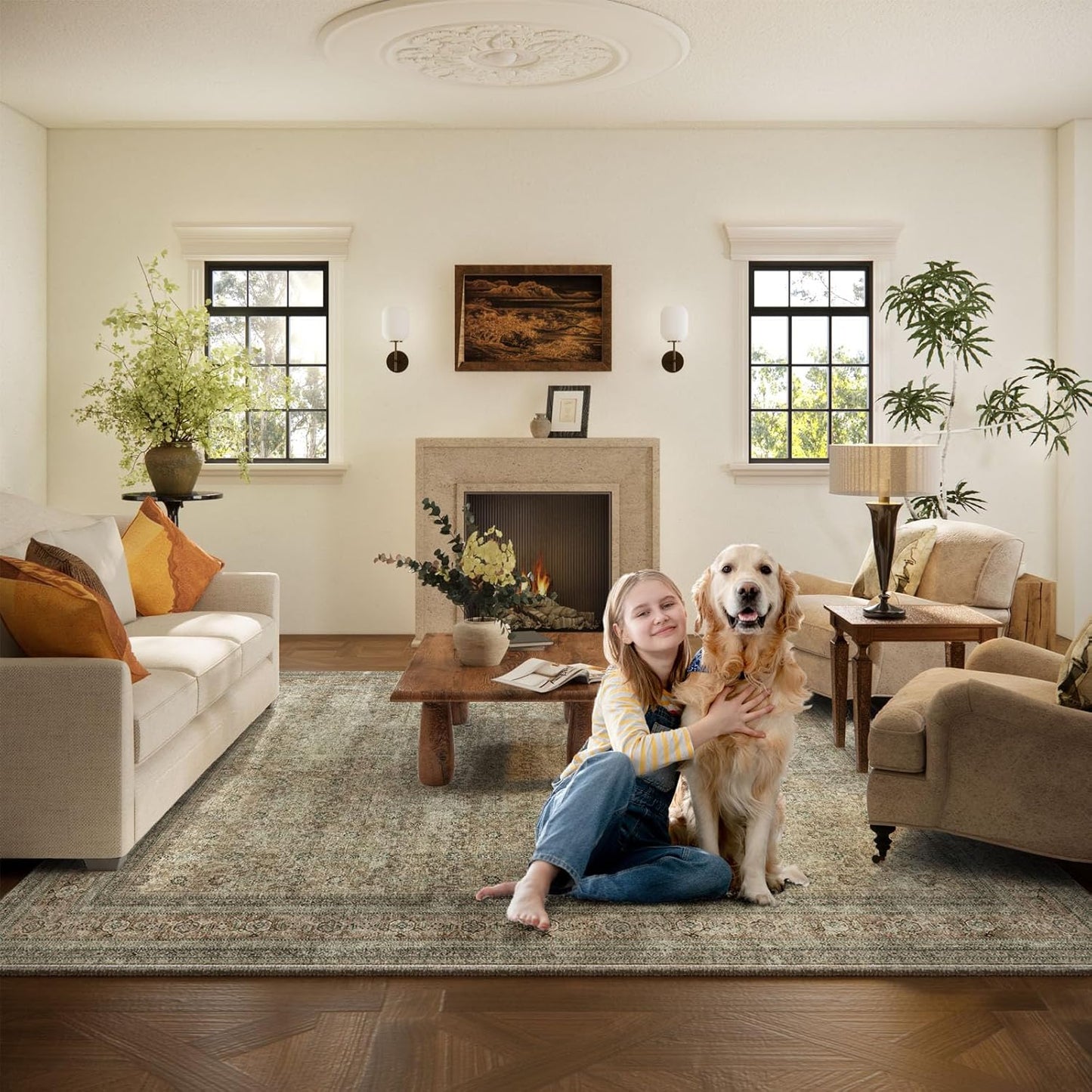 Washable Area Rugs for Living Room: 6x9 Bedroom Rug Boho Vintage Rugs Stain Resistant Non Slip Low Pile Lightweight Soft Carpets for Dining Room Kitchen Nursery Kids Room Farmhouse Living Room