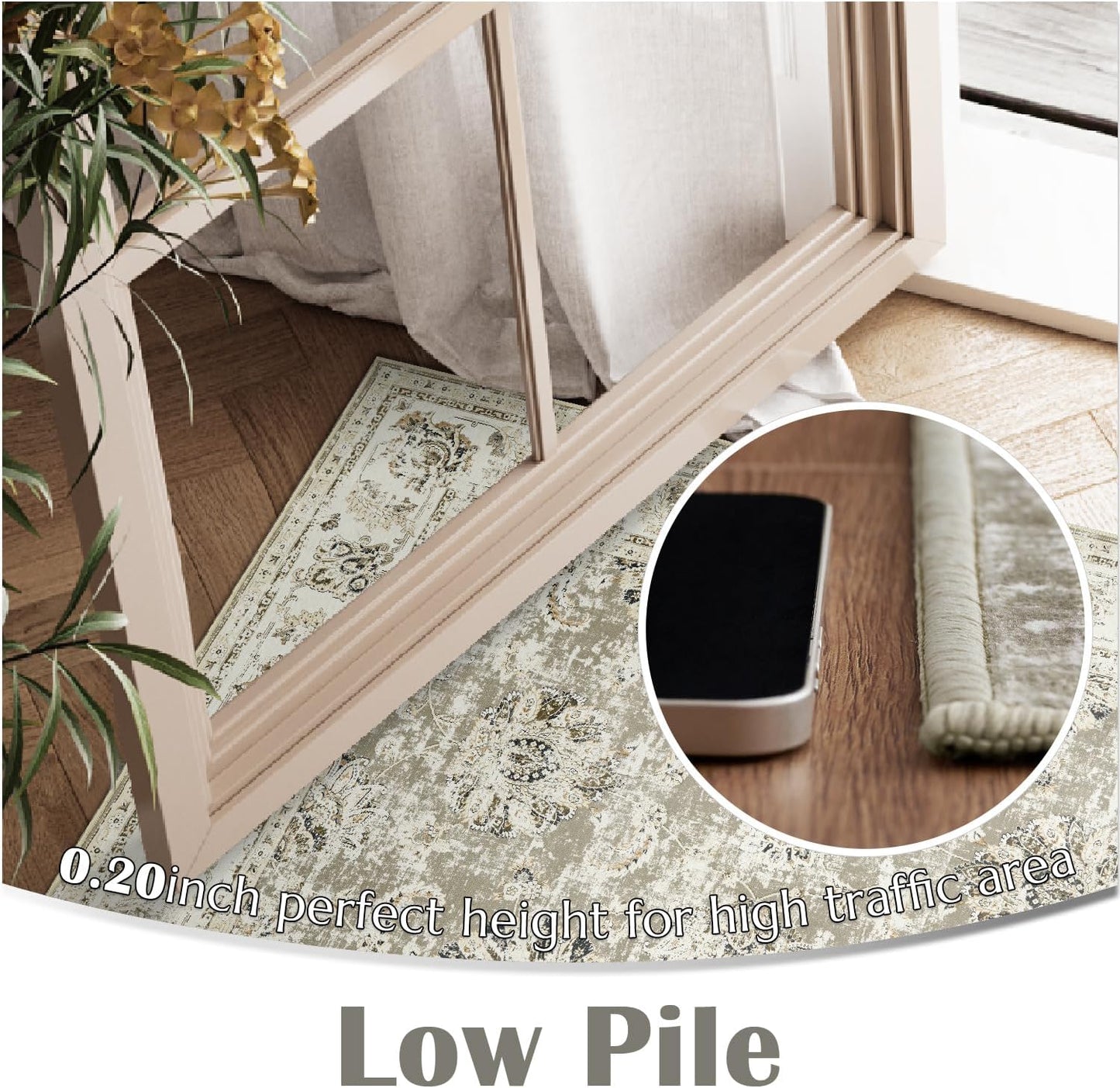 jinchan Washable Area Rug 5x7 Ultra-Thin Low Pile Non Slip Stain Resistant Soft Faux Wool Floral Distressed Vintage Carpet for Bedroom,Living Room,Dining Room,Kitchen,Nursery(Taupe, 5' x 7')