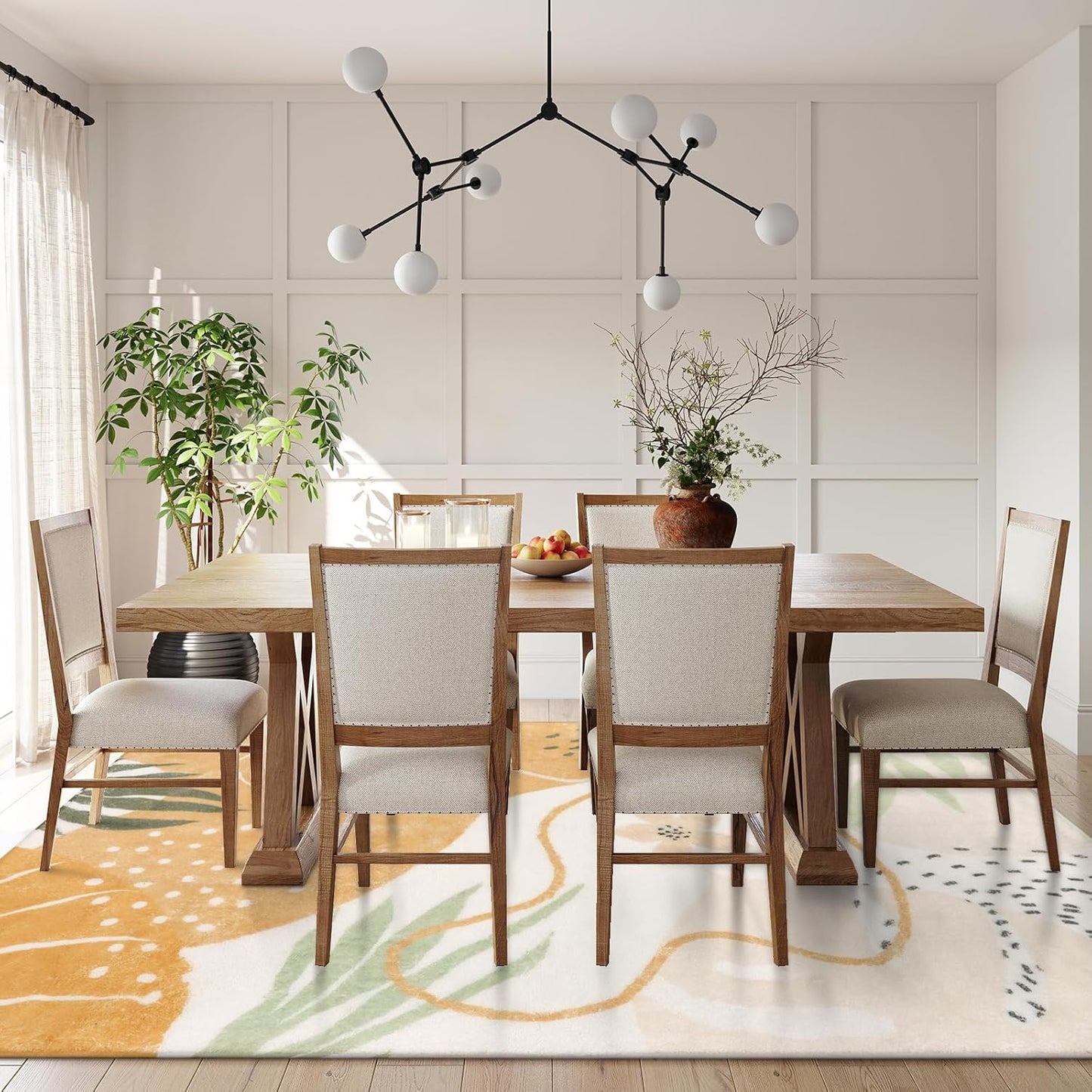 Lahome Boho Area Rugs for Living Room 9x12 - Washable Non-Slip Large Rug for Dining Room, Ultra-Thin Neutral Taupe Botanical Print Soft Carpet for Bedroom Nursery