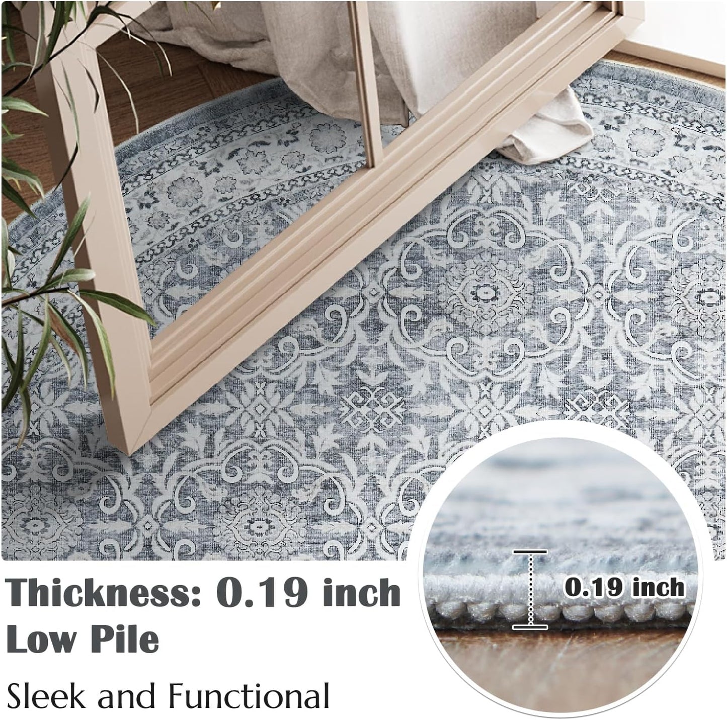 jinchan Round Rug 8ft Washable Circle Soft Rug - Low Pile Vintage 8'Round Indoor Grey Floral Print Stain Resistant Boho Carpet Ultra-Thin Non-Slip for Living Room Bedroom Dining Room Kitchen