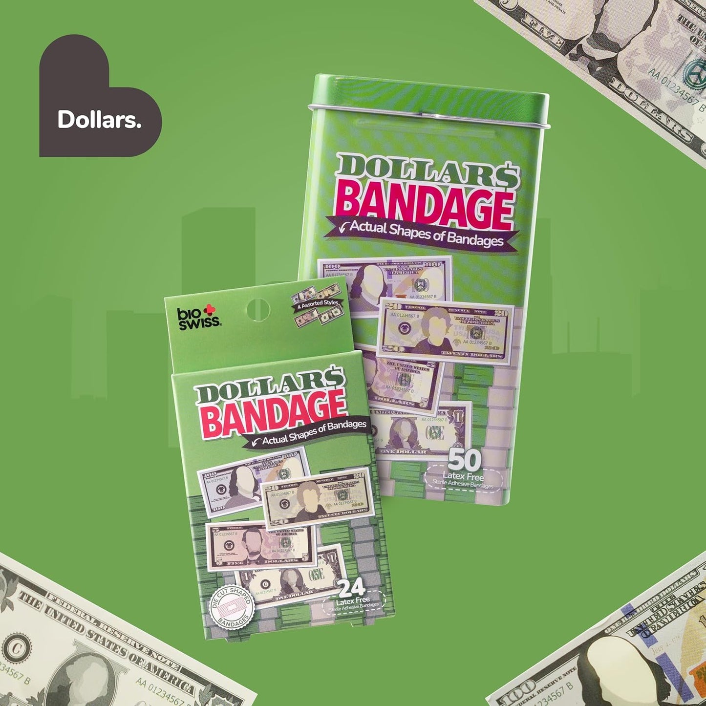 BioSwiss Bandages, Money Shaped Self Adhesive Bandage, Latex Free Sterile Wound Care, Fun First Aid Kit Supplies for Kids, 24 Count