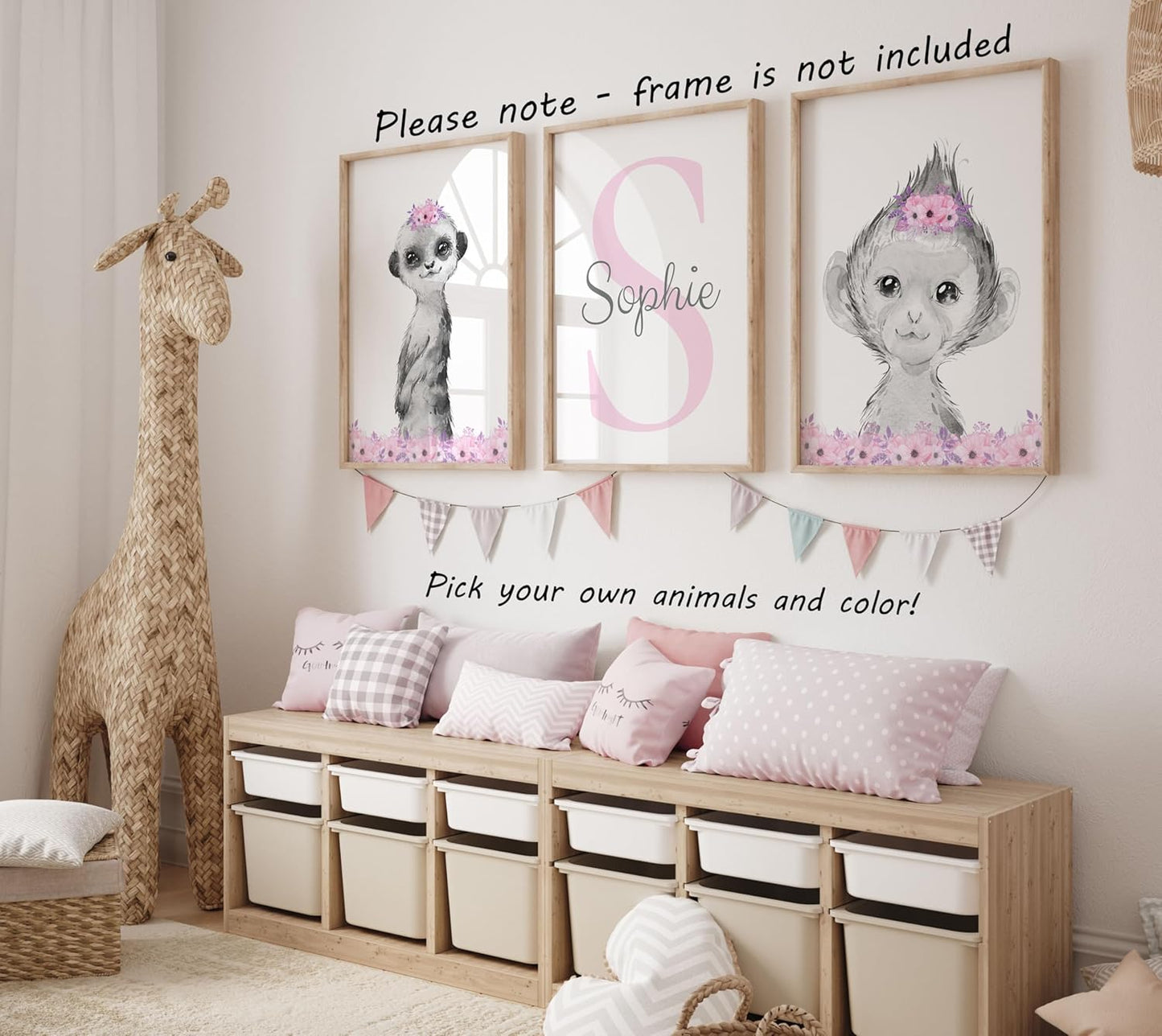 Safari Animals Girls Nursery Bedroom Unframed Set of 3 Poster Prints, Personalized Name Pink or Purple Flowers Wall Art Decor New Baby Gift Present, Elephant Giraffe Panda Zebra Lion (17x22)