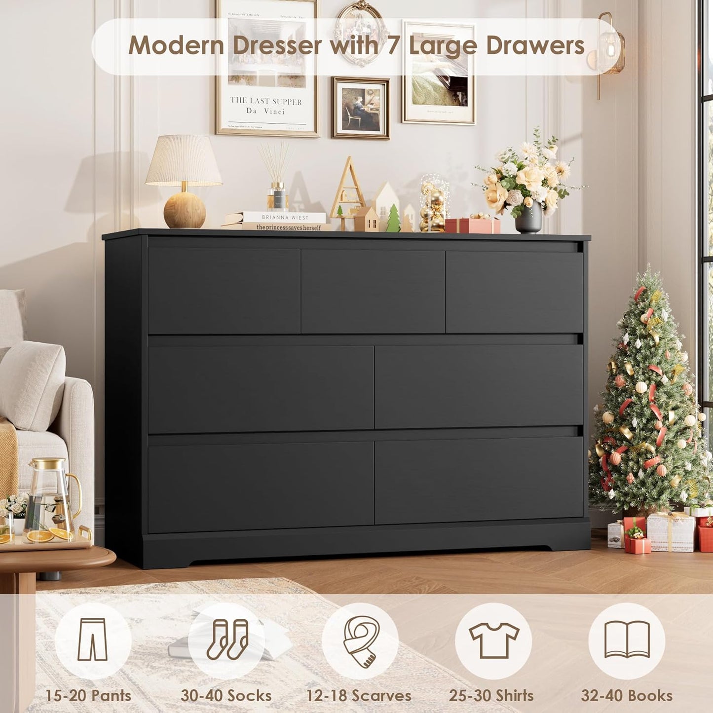 Dresser for Bedroom, Modern Black Dresser, Wood Chest of Drawers Nursery Dressers, with Storage, 7 Drawer Double with Handle Free, Large Storage Organizer for Living Room,White