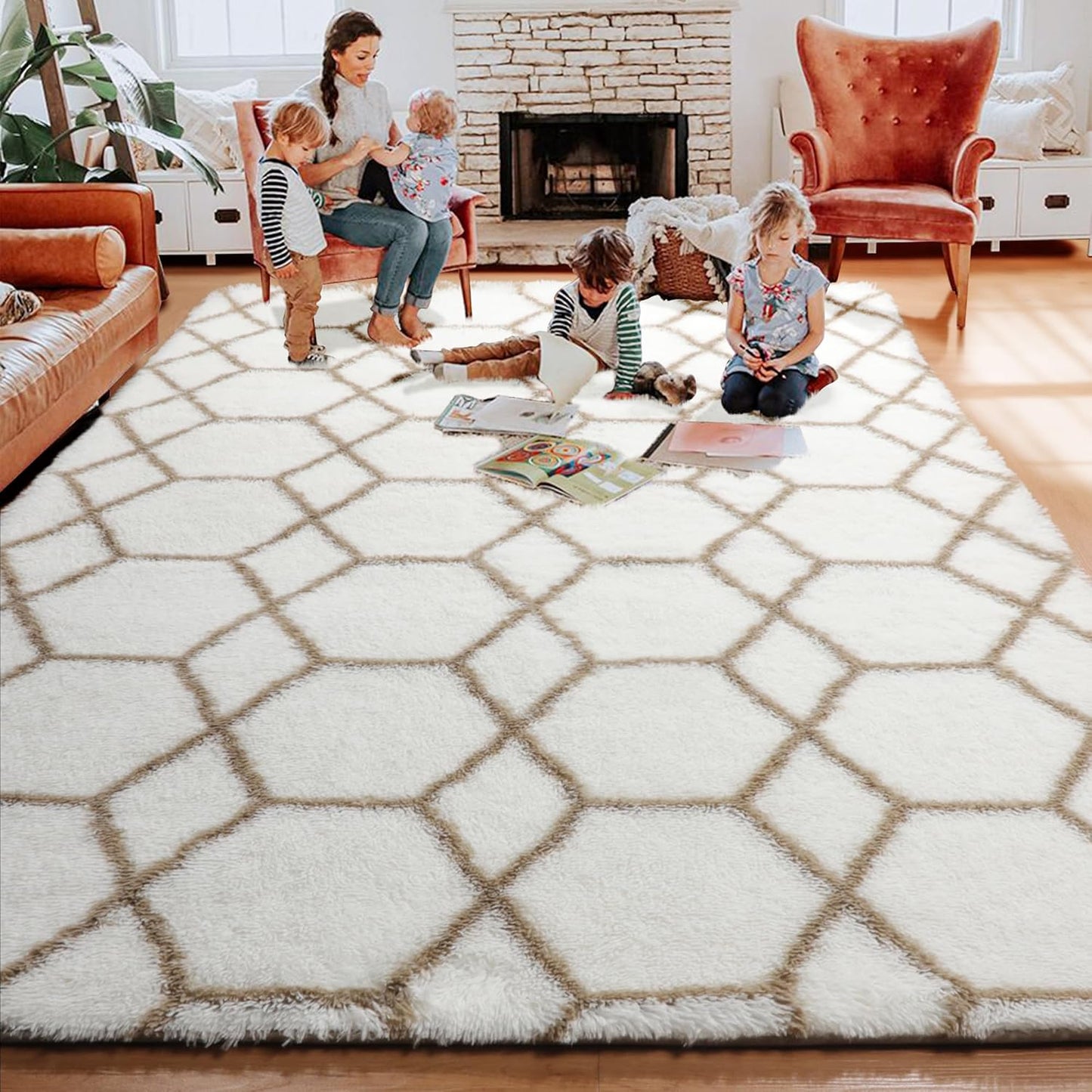 ONASAR Rugs for Living Room Bedroom, 5x8 Washable Fluffy White and Beige Area Rug, Geometric Boho Soft Plush Shaggy Floor Carpet Mat for Nursery Kids Girls Boys Teen Dorm Home Decor Aesthetic