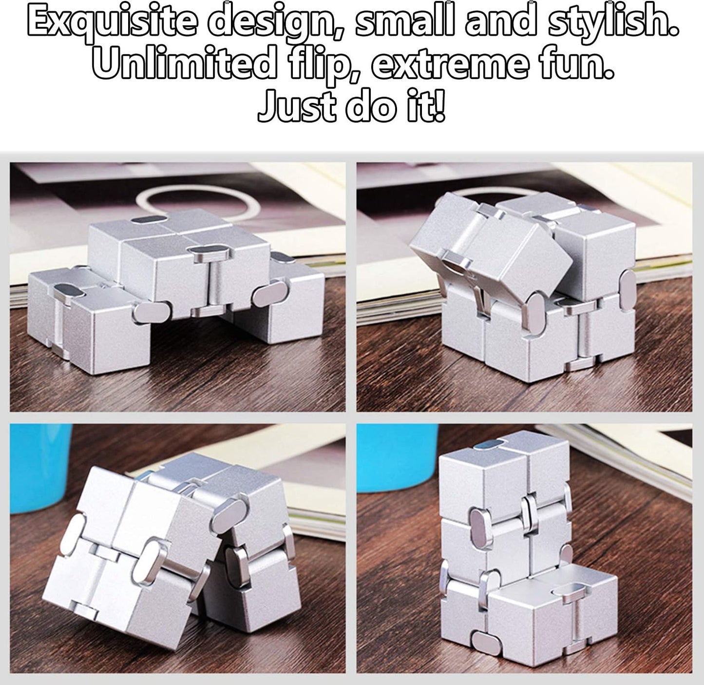 Metal Fidget Toys Infinity Cube for Men Anxiety Stress Relief Aluminum Alloy Material (Black & Silver)