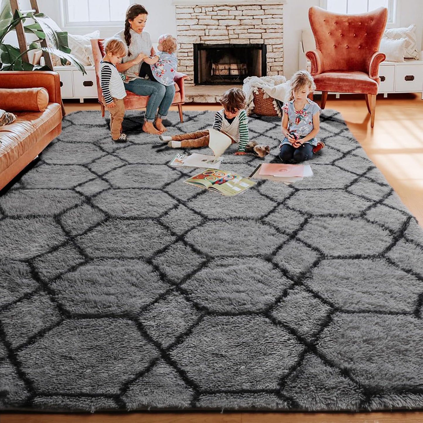 ONASAR Area Rugs for Bedroom Living Room, Washable 4x6 Fluffy Grey and Black Rug, Shaggy Geometric Floor Mat for Home Decor Aesthetic, Soft Plush Fuzzy Carpet for Nursery Kids Teen Dorm