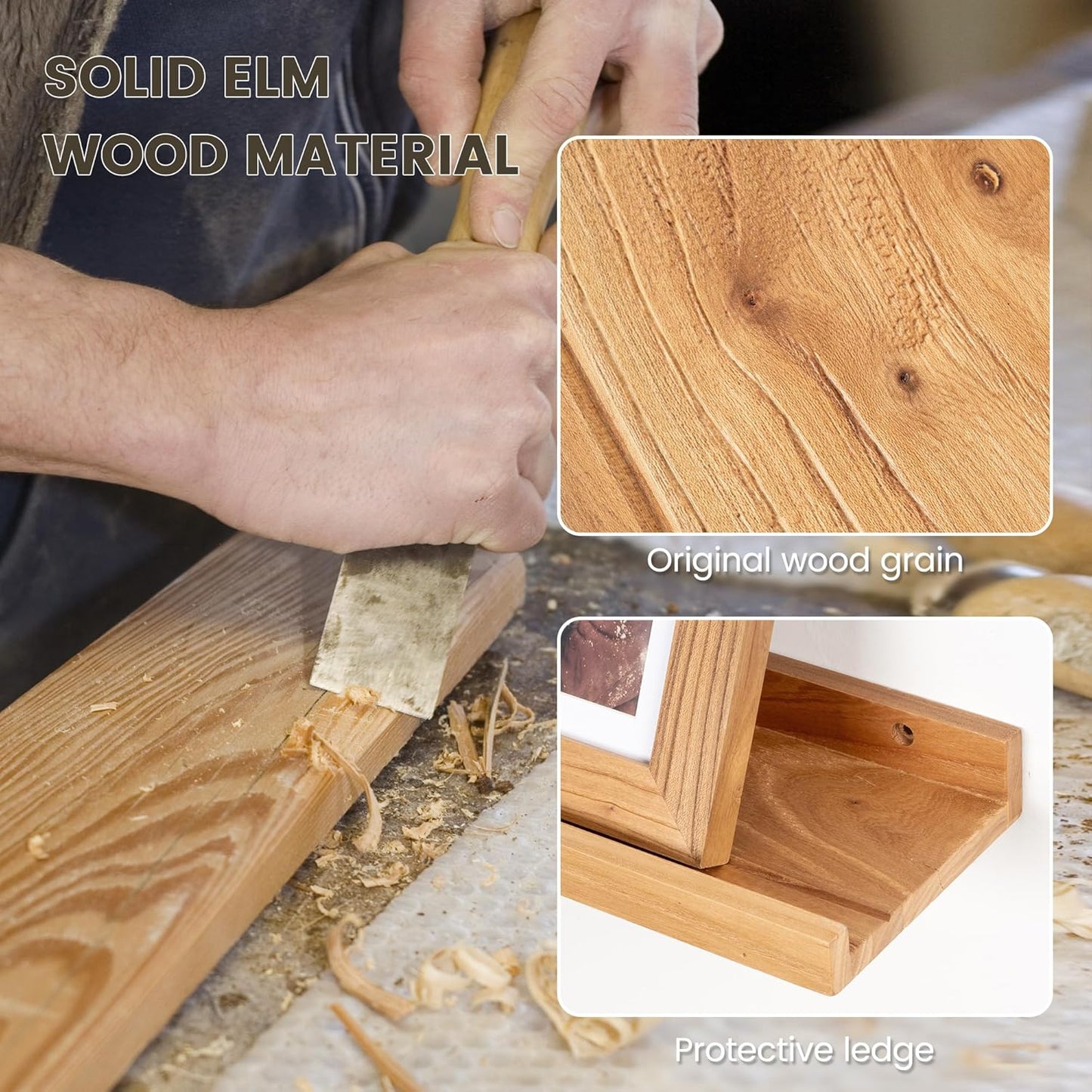 Picture Ledge Shelf, 48 Inch Long Floating Shelves for Wall, Nursery Bookshelf for Storage with Lip, Rustic Elm Wood Photo Ledge Shelves for Bedroom, Living Room, Kitchen (Natural, 48in Set of 2)