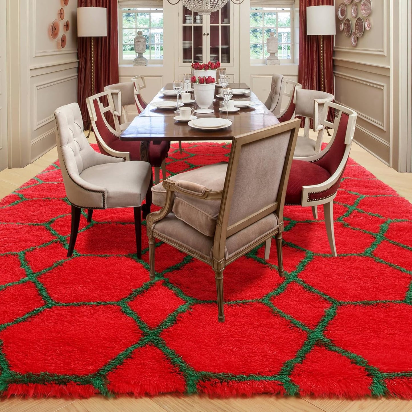 ONASAR Area Rugs for Living Room Bedroom, 5x8 Washable Fluffy Red and Dark Green Rug, Geometric Boho Soft Plush Shaggy Fuzzy Floor Carpet for Nursery Kids Girls Boys Teen Dorm Home Decor Aesthetic