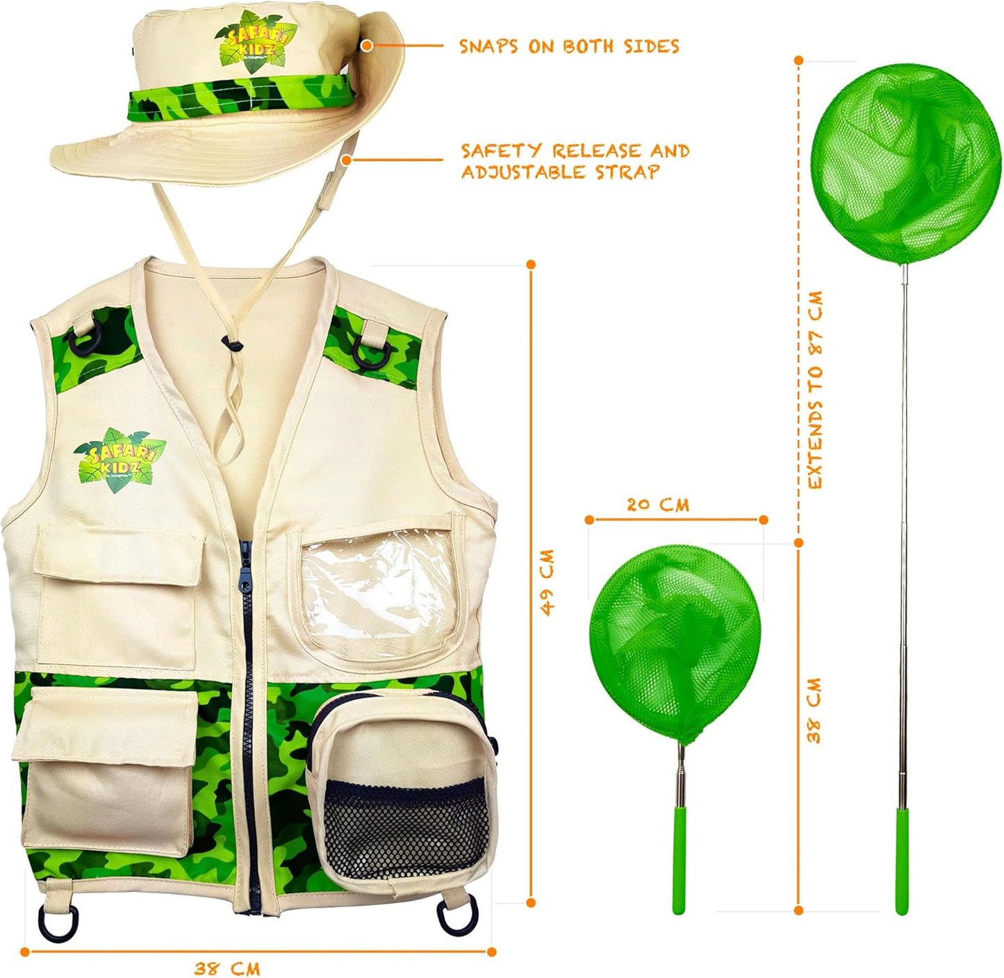 Bug Hunting Kit, Green Safari Vest, Hat, Binoculars, Lg. Butterfly Net, Bug Container, Whistle, Flashlight, Magnifier, Thermostat, Compass, Age 3+