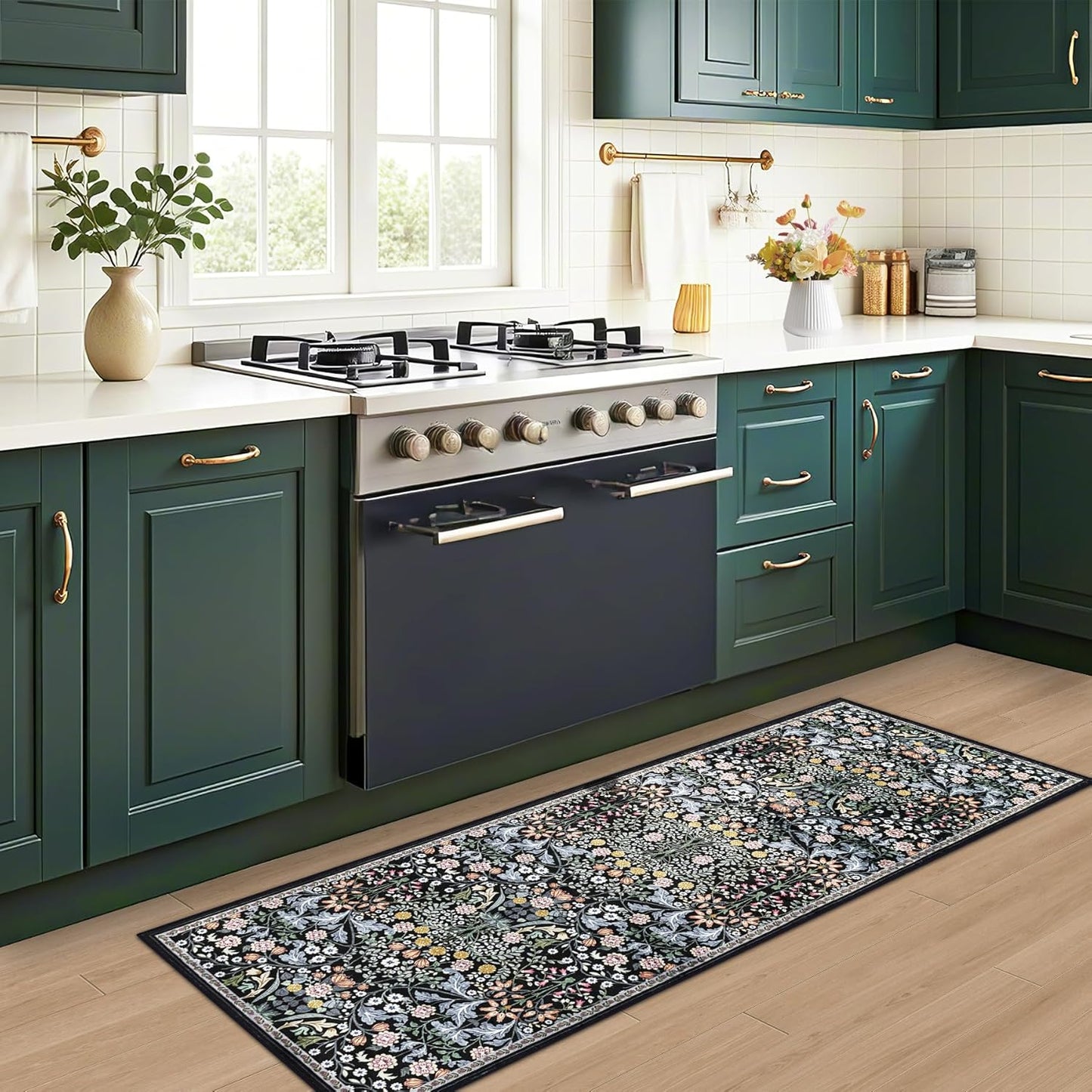 Runner Rug for Entryway: 2x6 Kitchen Rugs Non Slip Washable Ultra-Thin Soft Floral Carpet Indoor Stain Resistant Carpets for Hallway Bedroom Kitchen Laundry Bathroom Dorm Dark Black