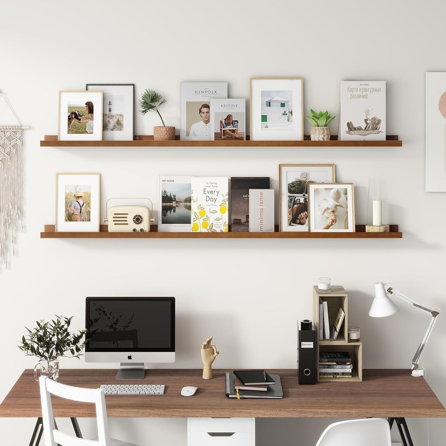 Picture Ledge Shelf, Floating Shelves Set of 2, Solid Pine Wood 72'' Long Large Nursery Book Shelves for Toys Storage, Kids Bookshelf for Living Room Bedroom Decor Books Photo Frames, Walnut