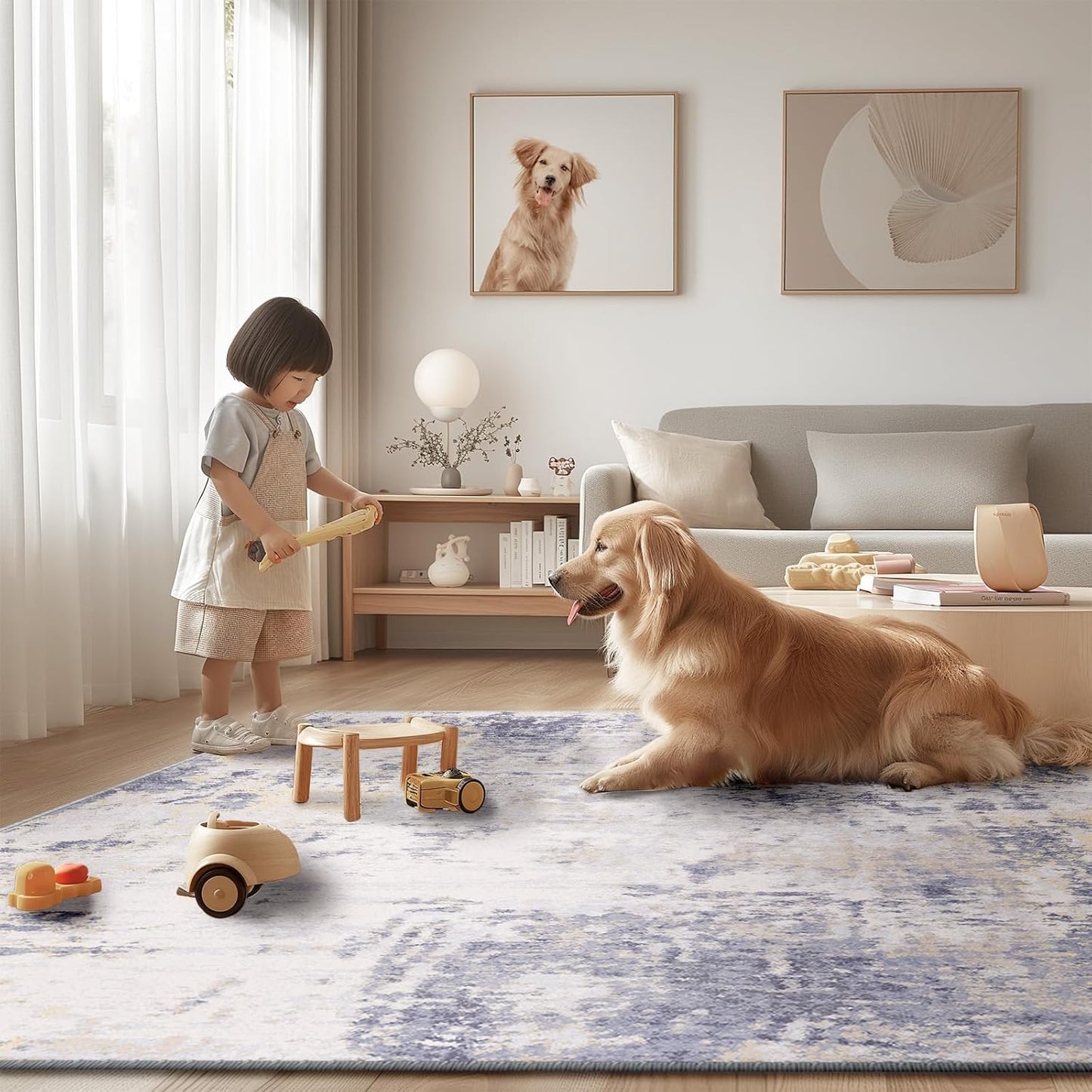 Washable Area Rugs 6'x9' Non-Slip Modern Abstract Soft for Living Room Entryway Bedroom Nursery, Print Pattern, Purple Grey Cream Yellow