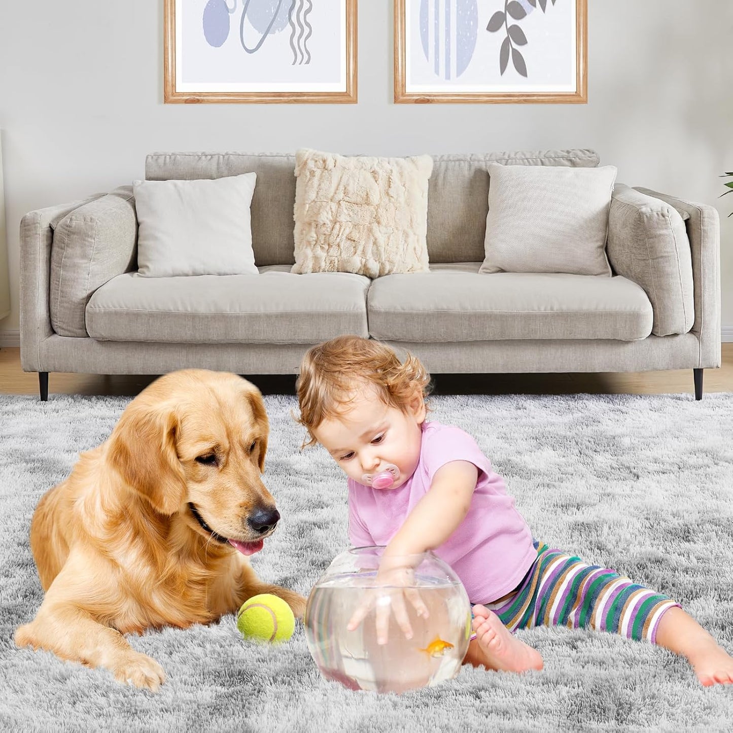 9x12 Area Rugs for Living Room, Ultra Soft Fluffy Rugs for Bedroom, Anti-Skid High Pile Indoor Carpet for Nursery, Study Room, Playroom, Home Decoration, Tie-Dyed Light Grey