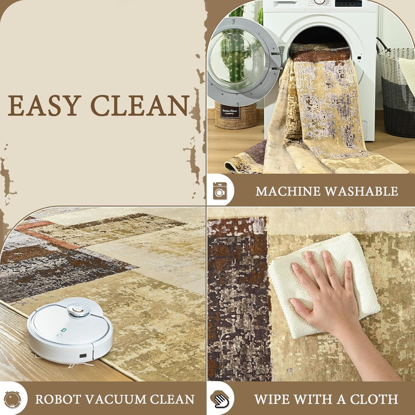 LOCHAS Rug for Living Room, Washable Soft Area Rugs for Bedroom 6x9, Abstract Carpet for Indoor Office Kids Dining Room Nursery Floor, Khaki Geometric Vintage Home Decor, Non Slip, Pet Child Friendly