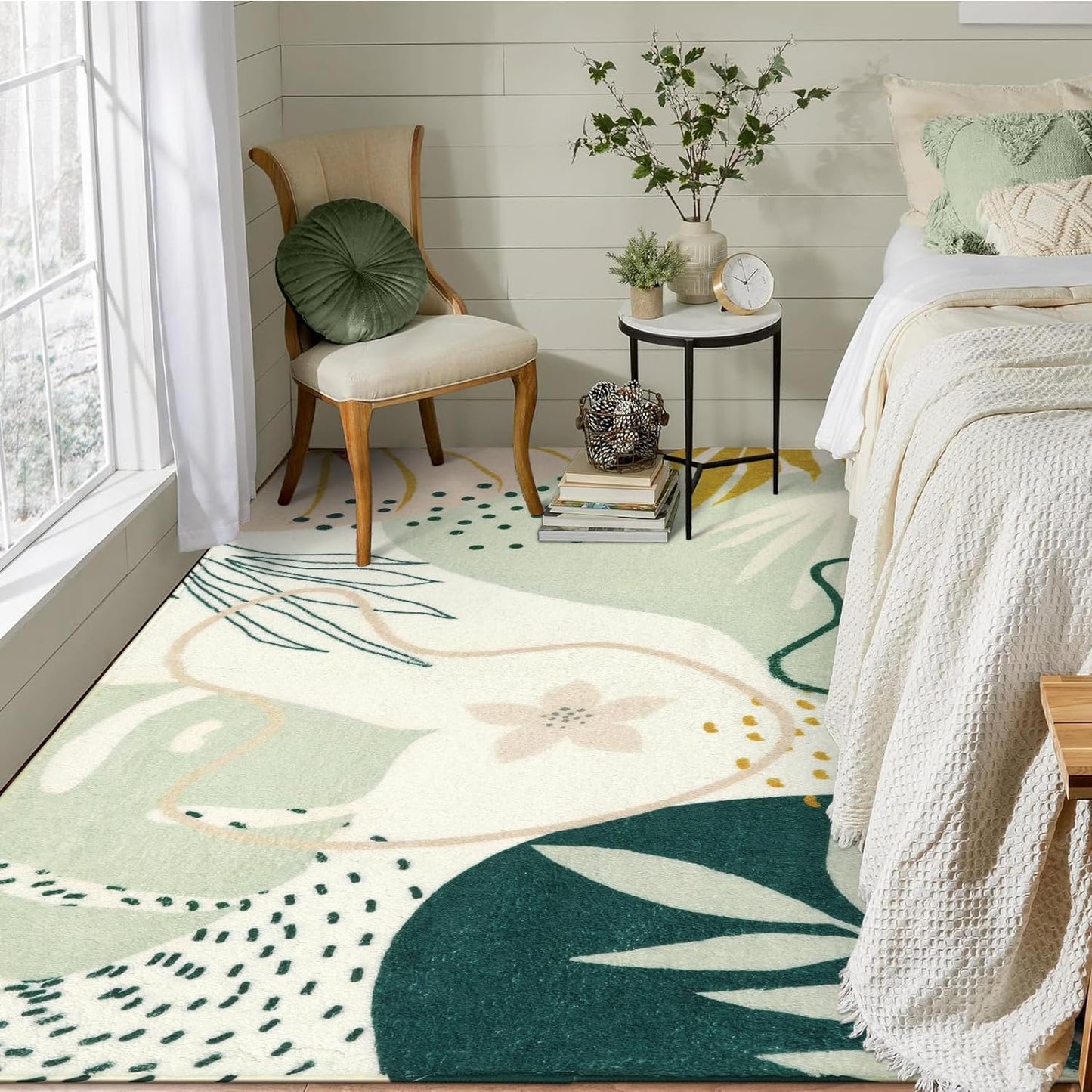 Lahome Green Machine Washable Large Rug - 8 x 10 Area Rugs for Living Room Non-Slip Lightweight Throw Boho Rugs, Soft Botanical Print Indoor Floor Carpet for Bedroom Office Dining Room Classroom