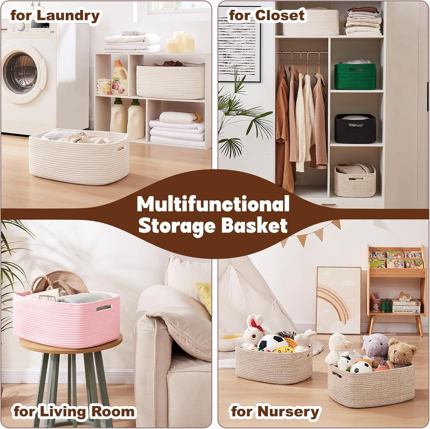 OIAHOMY Storage Basket for Shelves, Closet Cube Storage Bins Baskets for Clothes Blanket Towels, Baby Nursery, Toy Box, Woven Rope Basket, 15.75*11.81*7.09 IN, 2 Packs Brown